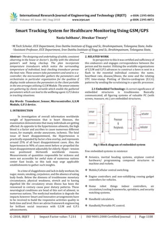 International Research Journal of Engineering and Technology (IRJET) e-ISSN: 2395-0056
Volume: 05 Issue: 08 | Aug 2018 www.irjet.net p-ISSN: 2395-0072
© 2018, IRJET | Impact Factor value: 7.211 | ISO 9001:2008 Certified Journal | Page 1108
Smart Tracking System for Healthcare Monitoring Using GSM/GPS
Nazia Sulthana1, Diwakar Tiwary2
1M.Tech Scholar, ECE Department, Sree Dattha Institute of Engg and Sc, Ibrahimpatnam, Telangana State, India
2Assistant Professor, ECE Department, Sree Dattha Institute of Engg and Sc, Ibrahimpatnam, Telangana State,
---------------------------------------------------------------------***---------------------------------------------------------------------
Abstract - The designingand undertakingofsubtle, consistent
observing in the house or doctor's facility with the obtained
patient’s well being checkup. The plan incorporate
temperature transducers which notice the surrounding
temperature of individual, beat checking transducer peruse
the beat rate. These sensors take parameters and send to a u-
controller; the microcontroller gathers the parameters and
orchestrates in particular organization for the qualities if
display inside advances the parameters to the client portable
in the sms arranges utilizing G.S.MModule. Thesensoresteems
are gathering by clients versatile which enable the gathered
parameters which can lead to thewellbeingagent. G.P.Sdevice
in tracking situations.
Key Words: Transducer, Sensor, Microcontroller, G.S.M
Module, G.P.S device.
1. INTRODUCTION
In investigation of overall information worldwide
weight of hypertension that is heart illnesses, the
examination demonstrates that manyindividualsaregetting
affected. As opposite to the hypertension ailments, the high
blood is a factor and ascribes to cause numerous different
issues, for example, stroke aneurysms, ischemic. The fatal
issue of heart disappointment, the Hypertension is
practically expanded by factor a few overlay, and represents
around 25% of all heart disappointment cases. Also, the
hypertension in 90% of cases went before or propelled the
heart disappointment adjustably for elderly. Hyper -tension
was positioned thirteenth worldwide reasons.
Measurements of quantities responsible for sickness and
were not accessible for awful state of numerous nations
center East locale, so this task may urge applicable
establishments to gather such insights.
In a time of sluggishnessand lack indailyworkout,fat,
sugar, meats, smoking, corpulence, andtheabsenceofeating
leafy foods. Below the dimness of troublesome monetary
circumstance, physical weakness, stretch and to having
digniﬁed life the circulatory strain illness has been the
renowned in century cause poor dietary patterns. These
neurological conditions are head of this sort of ailment, in
numerous nations. The medicinal mediation is degrade the
impacts however Smart and Innovative arrangements have
to be received to build the responsive activities quality in
both time and level. Here we advise framework engineering
for brilliant social insurance with G.S.M and G.P.S
advancements.
2. RELATED WORK
In perspective to thisitwascertifiedandsufficiencyof
this endeavors and engages correspondence between the
person and his master. Utilizing the available organizations
of G.S.M and G.P.S advances to construct a keen is sent in a
flash to the essential individual contains: the name,
heartbeat rate, disease/illness, the zone and the relating
UTC time-stamp. Plotting of Electro-cardiogram (E.C.G)
patterns by sending the scrutinizing to a specific processor.
2.1 Embedded Technology: A correct significance of
embedded structures is troublesome. Basically
communicated, all figuring systems of valuable PC (with
screen, reassure, etc.) are embedded structures.
Fig 1 Block diagram of embedded system
Few embedded systems in existence
 Avionics, inertial heading systems, airplane control
hardware/ programming composed structures in
machine and rockets.
 Mobile/Cellular central switching.
 Engine controllers and non-solidifying ceasing gadget
controllers for vehicles.
 Home robot things indoor controllers, air
circulation/cooling frameworks, sprinklers,andsecurity
watching systems.
 Handheld calculators.
 Handheld/Portable PC control.
 