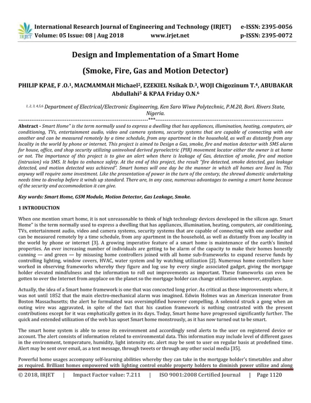 IRJET- Design and Implementation of a Smart Home(Smoke, Fire, Gas and ...