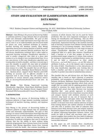 © 2018, IRJET | Impact Factor value: 7.211 | ISO 9001:2008 Certified Journal | Page 1297
STUDY AND EVALUATION OF CLASSIFICATION ALGORITHMS IN
DATA MINING
Archit Verma1
1 Ph.D. Student, Computer Science and Engineering , Dr. A.P.J. Abdul Kalam Technical University, Lucknow
Uttar Pradesh, India.
---------------------------------------------------------------------***---------------------------------------------------------------------
Abstract – Data Mining is the process of discovering hidden
or unknown patterns in huge datasets that are potentially
useful and ultimately understandable. The goal of data
mining is to extract useful information from huge data sets
and to store it as an understandable and structured model
for future use, using combined technique of statistics,
machine learning and database systems. Data Mining
algorithms learns from training datasets to build the model,
that can be used on unknown data for prediction. Here we
will discuss classification technique that is often called as
supervised learning technique .Classification algorithm is
used to predict categorical class label of a given data
instance so as to classify it into a predetermined class. It is a
two step process, in first step classification algorithm uses
training data to build a classifier , and then in second step it
uses this classifier to predict the class label of unlabeled
data instance . The classifier is like a function that maps a
data instance to a label. The classifier that we will discuss
here are Naive Bayes’, Multilayer Neural Network, Decision
tree , Random forest , Support Vector Machine and K-NN.
Building an accurate and an efficient classifier is an
important task in data mining. We will evaluate these
algorithms on various datasets using evaluation metrics
such as Accuracy,Precision,Recall,F1-Score and time by
WEKA.
Key Words: Data Mining, Supervised Learning,
Classification Algorithms ,Naive Bayes ,Multilayer Neural
Network ,Decision Tree ,Random Forest, ,Support Vector
Machine,K-NN,Precision,Recall,F1-Score,Time and WEKA
1. INTRODUCTION
Data Mining is the process of discovering hidden or
unknown patterns in huge datasets involving combined
techniques of machine learning, statistics and database
systems.
Data Mining is the process of discovering hidden or
unknown patterns in huge datasets that are potentially
useful and ultimately understandable .The goal of data
mining is to extract useful information from huge data sets
and to present it in an understandable and structured way.
Data mining makes use of machine learning that is an
application of artificial intelligence that aims to build the
systems that has the ability to learn without being
explicitly programmed, these systems learns from training
datasets. Data Mining algorithms learns from training
datasets to build the model , that contains knowledge or
summary of whole dataset, that can be used for future
prediction. The two most important techniques in data
mining are Classification and Clustering , that are often
called as supervised and unsupervised learning technique
respectively. Supervised learning is the machine learning
task of learning a function from labeled training datasets
consisting of a set of training examples , that consists of
input-output pairs, this function or a rule maps an input to
output. Classification algorithm is used to predict
categorical label of a given data instance, Classification
finds a function or a rule that assigns an item to a
predetermined target categories or classes. Data instance
for training is represented as attribute/feature vector say
X and its label y, represented as (X,y) ,where
X=(x1,x2,x3,......,xn) such that x1,x2,x3,......,xn are the values of
attributes A1,A2,A3,.....,An in the dataset, and y represents
the value of label . Classification is a two step process, in
first step classification algorithm uses training data to
build a classifier ,and then in second step it uses this
classifier to predict class label of unlabeled data instance.
The classifier that we will discuss here are, Naive Bayes
classifier that is based on baye's theorem of posterior
probability and assumption of conditional independence
between attributes, Multilayer Neural Network that uses
back propagation learning algorithm which finds sets of
weight that can model data by applying gradient descent
method to minimize the mean squared error between
predicted and actual class label, Decision tree learning
algorithm that uses greedy approach in attribute
selection, and constructs tree in top-down recursive divide
and conquer manner with attribute selection at each
recursive step based on any one of measures that is
information gain/gain ratio/gini index fixed throughout
the algorithm. Random forest classifier that creates a
number of decision trees from random selection of tuples
from training dataset and random selection of attributes
,and after that it predicts class label of unknown data
instances from these decision trees and outputs majority
class label ,Support Vector Machine that works by finding
an optimal separating hyperplane between classes ,and
works for both of linear and non-linear data, and K-
nearest neighbor that predicts the class label of unknown
data instance by taking majority of the classes labels of K-
nearest data instances.
In this paper we will evaluate these classification
algorithm in WEKA on evaluation metrics such as
International Research Journal of Engineering and Technology (IRJET) e-ISSN: 2395-0056
Volume: 05 Issue: 08 | Aug 2018 www.irjet.net p-ISSN: 2395-0072
 