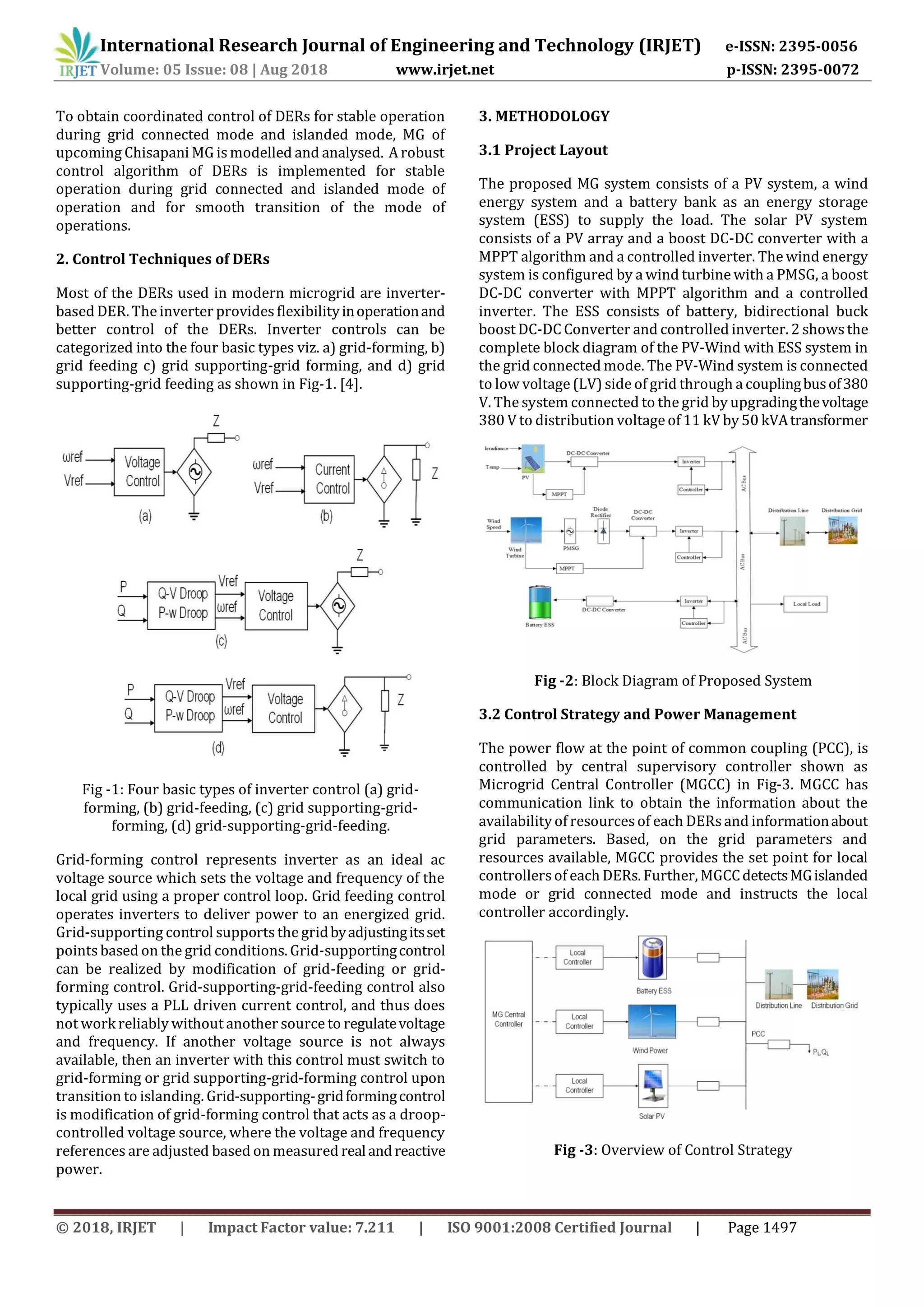 © 2018, IRJET | Impact Factor value: 7.211 | ISO 9001:2008 Certified Journal | Page 1497
To obtain coordinated control of DERs for stable operation
during grid connected mode and islanded mode, MG of
upcoming Chisapani MG is modelled and analysed. A robust
control algorithm of DERs is implemented for stable
operation during grid connected and islanded mode of
operation and for smooth transition of the mode of
operations.
2. Control Techniques of DERs
Most of the DERs used in modern microgrid are inverter-
based DER. The inverter providesflexibilityinoperationand
better control of the DERs. Inverter controls can be
categorized into the four basic types viz. a) grid-forming, b)
grid feeding c) grid supporting-grid forming, and d) grid
supporting-grid feeding as shown in Fig-1. [4].
Fig -1: Four basic types of inverter control (a) grid-
forming, (b) grid-feeding, (c) grid supporting-grid-
forming, (d) grid-supporting-grid-feeding.
Grid-forming control represents inverter as an ideal ac
voltage source which sets the voltage and frequency of the
local grid using a proper control loop. Grid feeding control
operates inverters to deliver power to an energized grid.
Grid-supporting control supports the gridbyadjustingitsset
points based on the grid conditions. Grid-supportingcontrol
can be realized by modification of grid-feeding or grid-
forming control. Grid-supporting-grid-feeding control also
typically uses a PLL driven current control, and thus does
not work reliably without another source to regulatevoltage
and frequency. If another voltage source is not always
available, then an inverter with this control must switch to
grid-forming or grid supporting-grid-forming control upon
transition to islanding. Grid-supporting-gridformingcontrol
is modification of grid-forming control that acts as a droop-
controlled voltage source, where the voltage and frequency
references are adjusted based on measured realandreactive
power.
3. METHODOLOGY
3.1 Project Layout
The proposed MG system consists of a PV system, a wind
energy system and a battery bank as an energy storage
system (ESS) to supply the load. The solar PV system
consists of a PV array and a boost DC-DC converter with a
MPPT algorithm and a controlled inverter. The wind energy
system is configured by a wind turbine with a PMSG, a boost
DC-DC converter with MPPT algorithm and a controlled
inverter. The ESS consists of battery, bidirectional buck
boost DC-DC Converter and controlled inverter. 2 shows the
complete block diagram of the PV-Wind with ESS system in
the grid connected mode. The PV-Wind system is connected
to low voltage (LV) side of grid through a couplingbusof380
V. The system connected to the grid by upgradingthevoltage
380 V to distribution voltage of 11 kV by 50 kVAtransformer
Fig -2: Block Diagram of Proposed System
3.2 Control Strategy and Power Management
The power flow at the point of common coupling (PCC), is
controlled by central supervisory controller shown as
Microgrid Central Controller (MGCC) in Fig-3. MGCC has
communication link to obtain the information about the
availability of resourcesof each DERsand informationabout
grid parameters. Based, on the grid parameters and
resources available, MGCC provides the set point for local
controllersof each DERs. Further, MGCCdetectsMGislanded
mode or grid connected mode and instructs the local
controller accordingly.
Fig -3: Overview of Control Strategy
International Research Journal of Engineering and Technology (IRJET) e-ISSN: 2395-0056
Volume: 05 Issue: 08 | Aug 2018 www.irjet.net p-ISSN: 2395-0072
 