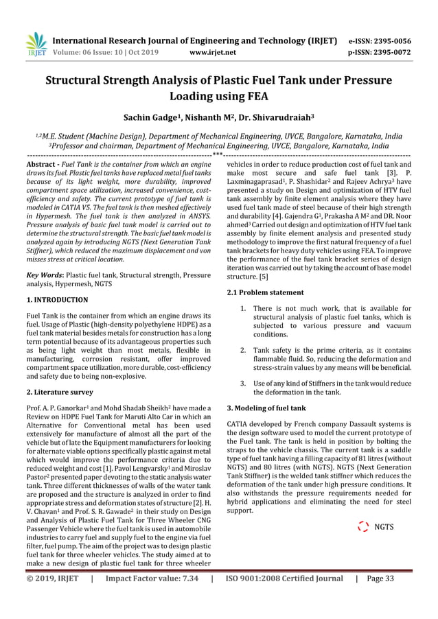 IRJET Structural Strength Analysis of Plastic Fuel Tank under Pressure