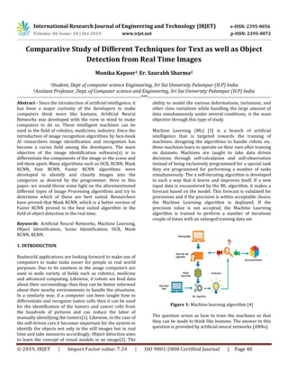 International Research Journal of Engineering and Technology (IRJET) e-ISSN: 2395-0056
Volume: 06 Issue: 10 | Oct 2019 www.irjet.net p-ISSN: 2395-0072
© 2019, IRJET | Impact Factor value: 7.34 | ISO 9001:2008 Certified Journal | Page 40
Comparative Study of Different Techniques for Text as well as Object
Detection from Real Time Images
Monika Kapoor1, Er. Saurabh Sharma2
1Student, Dept of computer science Engineering, Sri Sai University Palampur (H.P) India
2Assitant Professor, Dept. of Computer science and Engineering, Sri Sai University Palampur (H.P) India
---------------------------------------------------------------------------***---------------------------------------------------------------------------
Abstract - Since the introduction of artificial intelligence, it
has been a major curiosity of the developers to make
computers think more like humans. Artificial Neural
Networks was developed with the view in mind to make
computers to do so. These intelligent machines can be
used in the field of robotics, medicines, industry. Since the
introduction of image recognition algorithms by face-book
AI researchers image identification and recognition has
become a curios field among the developers. The main
objective of the image identification software(s) is to
differentiate the components of the image or the scene and
tell them apart. Many algorithms such as OCR, RCNN, Mask
RCNN, Fast RCNN, Faster RCNN algorithms were
developed to identify and classify images into the
categories as desired by the programmer. Here in this
paper, we would throw some light on the aforementioned
different types of Image Processing algorithms and try to
determine which of these are best suited. Researchers
have proved that Mask RCNN, which is a better version of
Faster RCNN proved to the best suited algorithm in the
field of object detection in the real time.
Keywords: Artificial Neural Networks, Machine Learning,
Object Identification, Scene Identification, OCR, Mask
RCNN, RCNN.
1. INTRODUCTION
Realworld applications are looking forward to make use of
computers to make tasks easier for people in real world
purposes. Due to its easiness in the usage computers are
used in wide variety of fields such as robotics, medicine
and advanced computing. Likewise, if robots are feed data
about their surroundings then they can be better informed
about their nearby environments to handle the situations.
In a similarly way, if a computer can been taught how to
differentiate and recognize tumor cells then it can be used
for the identification of the tumors and cancer cells from
the hundreds of pictures and can reduce the labor of
manually identifying the tumors[1]. Likewise, in the case of
the self-driven cars it becomes important for the system to
identify the objects not only in the still images but in real
time and take measures accordingly. Object detection aims
to learn the concept of visual models in an image[2]. The
ability to model the various deformations, inclusions, and
other class variations while handling the large amount of
data simultaneously under several conditions, is the main
objective through this type of study.
Machine Learning (ML) [3] is a branch of artificial
intelligence that is targeted towards the training of
machines; designing the algorithms to handle robots etc.
these machines learn to operate on their own after training
on datasets. Machines are taught to take data driven
decisions through self-calculation and self-observation
instead of being exclusively programmed for a special task
they are programmed for performing a number of tasks
simultaneously. The a self-iterating algorithm is developed
in such a way that it learns and improves itself. If a new
input data is encountered by the ML algorithm, it makes a
forecast based on the model. This forecast is validated for
precession and if the precision is within acceptable choice,
the Machine Learning algorithm is deployed. If the
precision value is not accepted, the Machine Learning
algorithm is trained to perform a number of iterations
couple of times with an enlarged training data set.
Figure 1: Machine learning algorithm [4]
The question arises as how to train the machines so that
they can be made to think like humans. The answer to this
question is provided by artificial neural networks (ANNs).
 