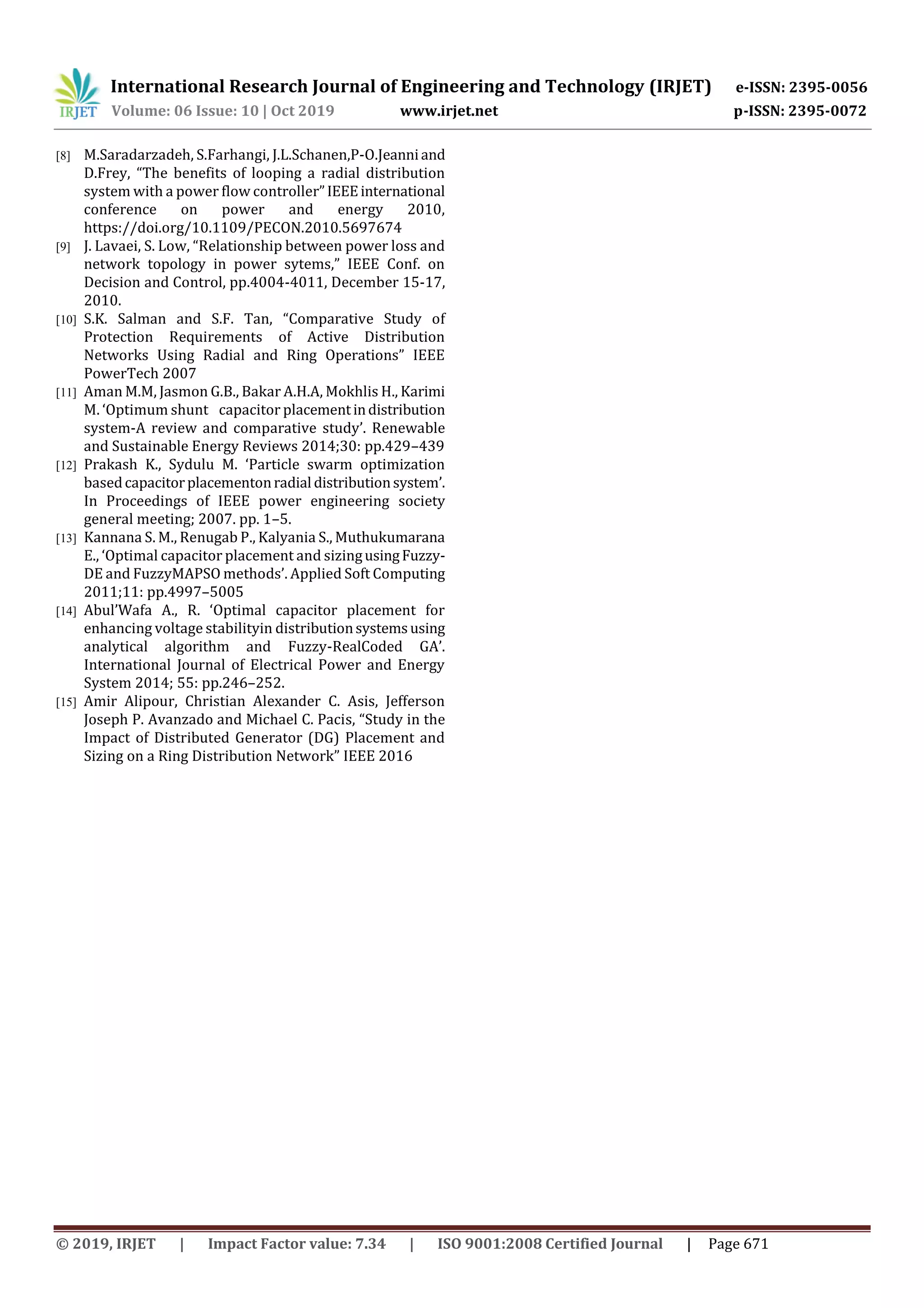 International Research Journal of Engineering and Technology (IRJET) e-ISSN: 2395-0056
Volume: 06 Issue: 10 | Oct 2019 www.irjet.net p-ISSN: 2395-0072
© 2019, IRJET | Impact Factor value: 7.34 | ISO 9001:2008 Certified Journal | Page 671
[8] M.Saradarzadeh, S.Farhangi, J.L.Schanen,P-O.Jeanniand
D.Frey, “The benefits of looping a radial distribution
system with a power flow controller”IEEEinternational
conference on power and energy 2010,
https://doi.org/10.1109/PECON.2010.5697674
[9] J. Lavaei, S. Low, “Relationship between power loss and
network topology in power sytems,” IEEE Conf. on
Decision and Control, pp.4004-4011, December 15-17,
2010.
[10] S.K. Salman and S.F. Tan, “Comparative Study of
Protection Requirements of Active Distribution
Networks Using Radial and Ring Operations” IEEE
PowerTech 2007
[11] Aman M.M, Jasmon G.B., Bakar A.H.A, Mokhlis H., Karimi
M. ‘Optimum shunt capacitor placementindistribution
system-A review and comparative study’. Renewable
and Sustainable Energy Reviews 2014;30: pp.429–439
[12] Prakash K., Sydulu M. ‘Particle swarm optimization
basedcapacitorplacementonradial distributionsystem’.
In Proceedings of IEEE power engineering society
general meeting; 2007. pp. 1–5.
[13] Kannana S. M., Renugab P., Kalyania S., Muthukumarana
E., ‘Optimal capacitor placement and sizingusingFuzzy-
DE and FuzzyMAPSO methods’. Applied Soft Computing
2011;11: pp.4997–5005
[14] Abul’Wafa A., R. ‘Optimal capacitor placement for
enhancing voltage stabilityin distributionsystemsusing
analytical algorithm and Fuzzy-RealCoded GA’.
International Journal of Electrical Power and Energy
System 2014; 55: pp.246–252.
[15] Amir Alipour, Christian Alexander C. Asis, Jefferson
Joseph P. Avanzado and Michael C. Pacis, “Study in the
Impact of Distributed Generator (DG) Placement and
Sizing on a Ring Distribution Network” IEEE 2016
 