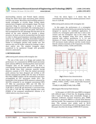 International Research Journal of Engineering and Technology (IRJET) e-ISSN: 2395-0056
Volume: 06 Issue: 10 | Oct 2019 www.irjet.net p-ISSN: 2395-0072
© 2019, IRJET | Impact Factor value: 7.34 | ISO 9001:2008 Certified Journal | Page 1186
slot/travelling antenna and Printed dipole antenna.
Among the above three types microstrip patch antenna
can have any shape. Microstrip slot/travelling antenna is
mostly rectangular or circular shape. Printed dipole
antenna have triangular and rectangular shape. The most
important thing in antenna design is to select the
appropriate substrate material[5]. The conducting strip is
smaller in width as compared to the patch. This kind of
feed arrangement has the advantage that the feed can be
etched on the same substrate to provide a planar
structure. An inset cut can be incorporated into the patch
in order to obtain good impedance matching without the
need for any additional matching element[6].Triangular
patch antenna provide radiation characteristics which is
similar to rectangular patches with smaller size. The
antenna size can be further reduced by loading it with a
short and/or slot. The simplest triangular shape
considered to be equilateral triangle with grounded
dielectric substrate[7].
2. METHODOLOGIES
a)Microstrip patch antenna with triangular slot
The aim of this work is to design and analysis the
performance of a metamaterial (MTM) based microstrip
patch antenna (MPA) by introducing three dual isosceles
triangular slots on the metallic patch. At First, a
conventional microstrip patch antenna is designed using
Isola FR-408 (loss free) substrate material having
dielectric constant of 3.75. Then the slotted microstrip
patch antenna has been designed and verified as left
handed metamaterial (LHM) with the help of Nicolson
Ross Weir (NRW) method. All the simulations have been
accomplished by CST microwave studio 2011. The
bandwidth of the proposed MTM antenna is enhanced by
464.93% compared to our designed conventional MPA
(77 MHz for conventional MPA and 435 MHz for
metamaterial MPA) and the return loss is reduced from -
11.89 dB to -55.34 dB and directivity is increased from
6.713 dB to 7.187 dB. The voltage standing wave ratio
(VSWR) of the proposed metamaterial antenna is of
1.0034 which is very close to unity.
Fig-1:Return loss characteristics.
From the above figure 1 it shows that, the
conventional microstrip patch antenna possesses return
loss of -11.89 dB.
b)Microstrip patch antenna with rectangular slot
In this paper, the performance of a rectangular
microstrip patch antenna fed by microstrip line has been
designed to operate for multiband applications. It
consists of a rectangular patch with four L-slots at the
corners and one rectangular- slot in the center. The
antenna has designed using FR-4 lossy substrate
material with relative permittivity I:r is 4.3 and
thickness of 1.6mm. Simulation has realized by using
CST microwave studio software and the results shows
that the antenna resonates at the frequencies of 2.4GHz,
3.8GHz, 4.9GHz, 6.5GHz, 7.2GHz and 8.1GHz.
Fig-2: Return loss charactersticss
From the above Figure 2 it shows that at 2.4GHz,
3.8GHz, 4.9GHz ,6.5GHz, 7.2GHz and 8.1GHz freuencies
has return loss of
13.8dB,19.1dB,20dB,19.9dB,17dB,14.9dB.
c)Rectangular Microstrip Patch Antenna
In this paper at 2.4835 GHz same RMPA is designed
with different types of feed line. By designing antenna
with 3 types of feeding some remarkable changes in
reflection coefficient, resonant frequency, gain, VSWR,
directivity is observed. RMPA is a narrow band Antenna
with low profile. The comparison of all the parameters is
done. This antenna most widely used in Wi-Fi
applications for transmitting and receiving signals. Hence
this paper describes the design of RMPA Wi-Fi antenna.
 