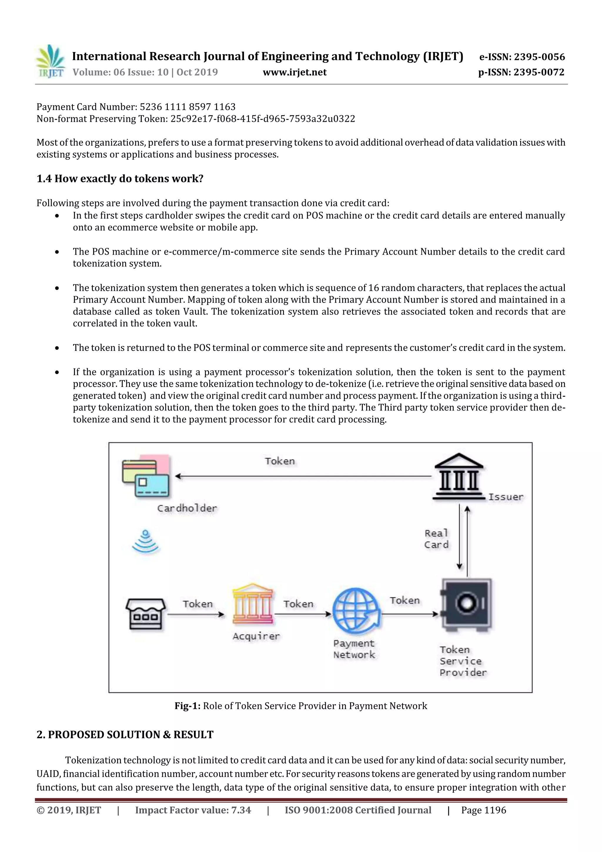 International Research Journal of Engineering and Technology (IRJET) e-ISSN: 2395-0056
Volume: 06 Issue: 10 | Oct 2019 www.irjet.net p-ISSN: 2395-0072
© 2019, IRJET | Impact Factor value: 7.34 | ISO 9001:2008 Certified Journal | Page 1196
Payment Card Number: 5236 1111 8597 1163
Non-format Preserving Token: 25c92e17-f068-415f-d965-7593a32u0322
Most of the organizations, prefers to use a format preserving tokens to avoid additional overheadofdata validationissueswith
existing systems or applications and business processes.
1.4 How exactly do tokens work?
Following steps are involved during the payment transaction done via credit card:
 In the first steps cardholder swipes the credit card on POS machine or the credit card details are entered manually
onto an ecommerce website or mobile app.
 The POS machine or e-commerce/m-commerce site sends the Primary Account Number details to the credit card
tokenization system.
 The tokenization system then generates a token which is sequence of 16 random characters, that replaces the actual
Primary Account Number. Mapping of token along with the Primary Account Number is stored and maintained in a
database called as token Vault. The tokenization system also retrieves the associated token and records that are
correlated in the token vault.
 The token is returned to the POS terminal or commerce site and represents the customer’s credit card in the system.
 If the organization is using a payment processor’s tokenization solution, then the token is sent to the payment
processor. They use the same tokenization technology to de-tokenize (i.e. retrievetheoriginal sensitivedata based on
generated token) and view the original credit card number and process payment. If the organization is using a third-
party tokenization solution, then the token goes to the third party. The Third party token service provider then de-
tokenize and send it to the payment processor for credit card processing.
Fig-1: Role of Token Service Provider in Payment Network
2. PROPOSED SOLUTION & RESULT
Tokenization technology is not limited to credit card data and it can be used foranykindofdata:social securitynumber,
UAID, financial identification number, account numberetc.Forsecurityreasonstokens aregeneratedbyusingrandomnumber
functions, but can also preserve the length, data type of the original sensitive data, to ensure proper integration with other
 
