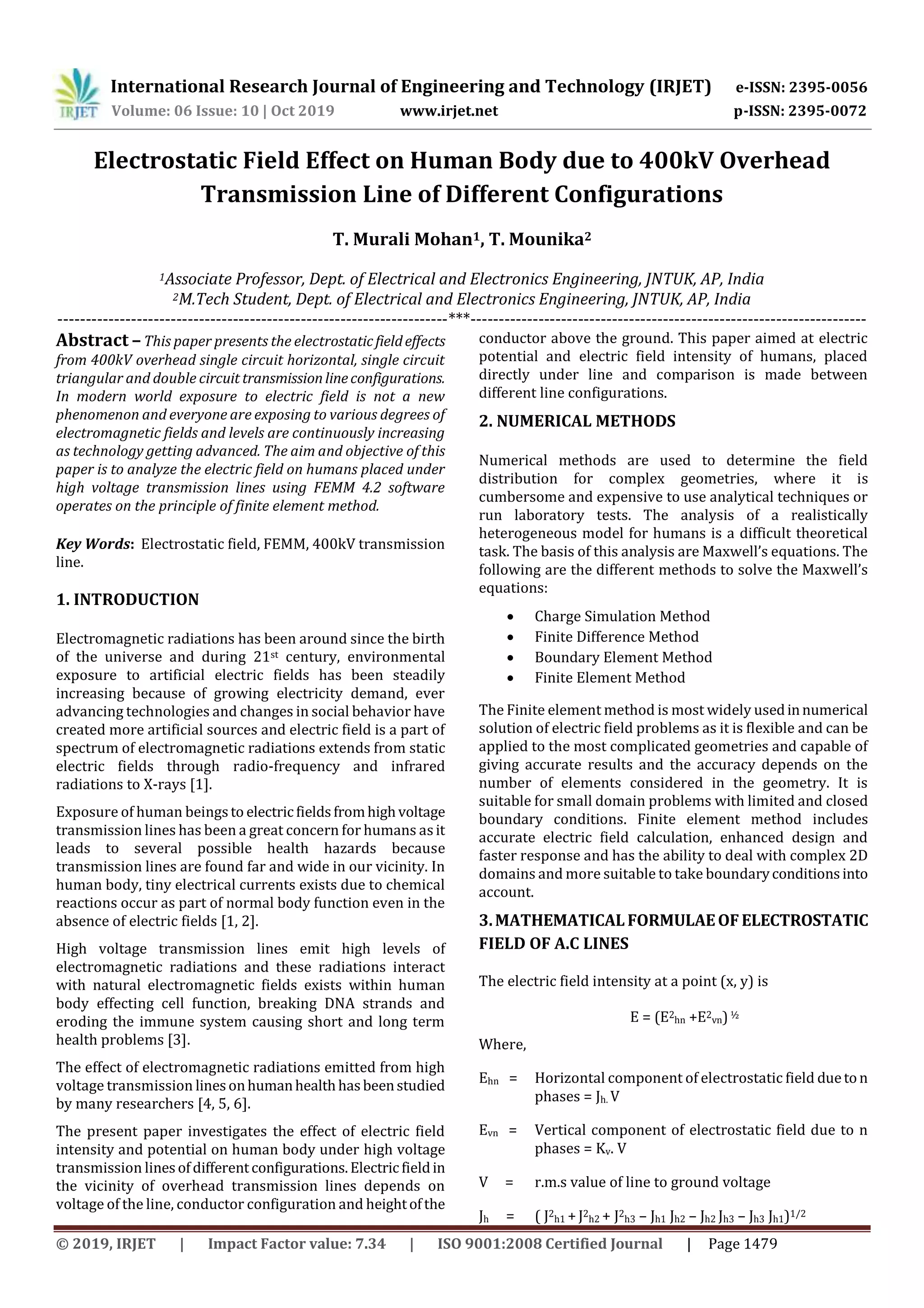 IRJET Electrostatic Field Effect on Human Body Due to 400kv Overhead