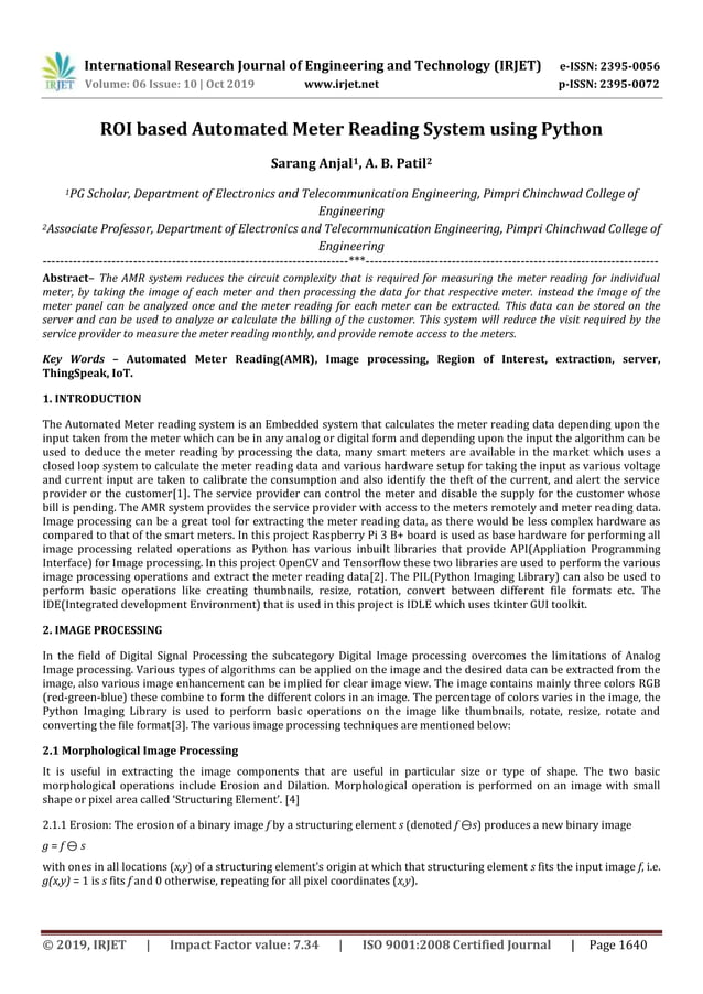 IRJET- ROI based Automated Meter Reading System using Python | PDF
