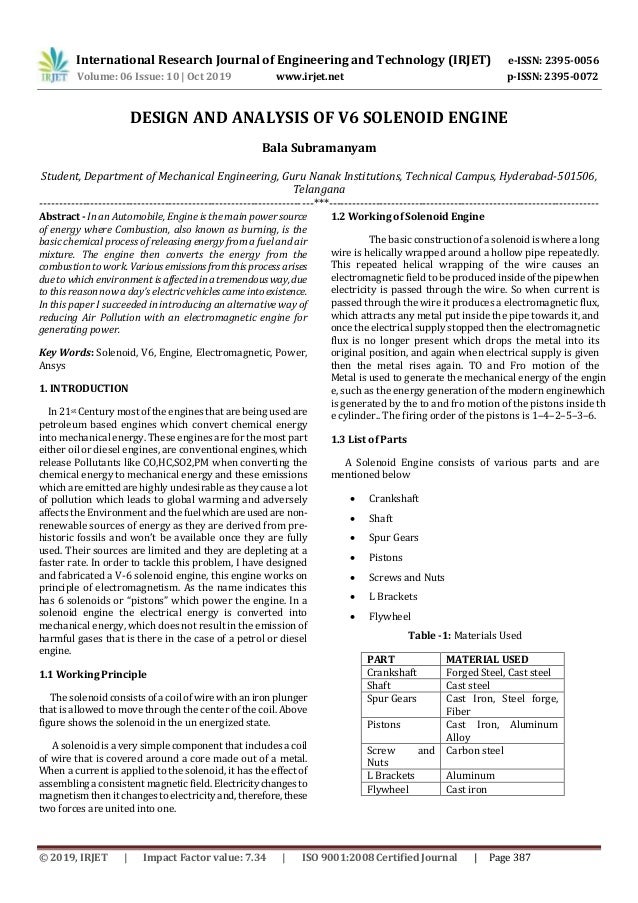 Irjet Design And Analysis Of V6 Solenoid Engine