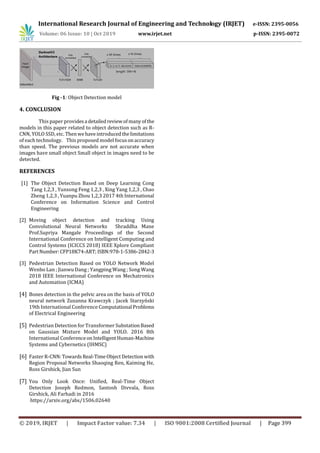 International Research Journal of Engineering and Technology (IRJET) e-ISSN: 2395-0056
Volume: 06 Issue: 10 | Oct 2019 www.irjet.net p-ISSN: 2395-0072
© 2019, IRJET | Impact Factor value: 7.34 | ISO 9001:2008 Certified Journal | Page 399
Fig -1: Object Detection model
4. CONCLUSION
This paper providesa detailedreviewofmanyofthe
models in this paper related to object detection such as R-
CNN, YOLO SSD, etc. Thenwehaveintroducedthelimitations
of each technology. This proposed model focusonaccuracy
than speed. The previous models are not accurate when
images have small object Small object in images need to be
detected.
REFERENCES
[1] The Object Detection Based on Deep Learning Cong
Tang 1,2,3 , Yunsong Feng 1,2,3 , Xing Yang 1,2,3 , Chao
Zheng 1,2,3 , Yuanpu Zhou 1,2,3 2017 4th International
Conference on Information Science and Control
Engineering
[2] Moving object detection and tracking Using
Convolutional Neural Networks Shraddha Mane
Prof.Supriya Mangale Proceedings of the Second
International Conference on Intelligent Computing and
Control Systems (ICICCS 2018) IEEE Xplore Compliant
PartNumber:CFP18K74-ART;ISBN:978-1-5386-2842-3
[3] Pedestrian Detection Based on YOLO Network Model
Wenbo Lan ; Jianwu Dang ; Yangping Wang ; Song Wang
2018 IEEE International Conference on Mechatronics
and Automation (ICMA)
[4] Bones detection in the pelvic area on the basis of YOLO
neural network Zuzanna Krawczyk ; Jacek Starzyński
19th International Conference Computational Problems
of Electrical Engineering
[5] Pedestrian Detection for Transformer SubstationBased
on Gaussian Mixture Model and YOLO. 2016 8th
International Conferenceon IntelligentHuman-Machine
Systems and Cybernetics (IHMSC)
[6] Faster R-CNN:TowardsReal-TimeObjectDetectionwith
Region Proposal Networks Shaoqing Ren, Kaiming He,
Ross Girshick, Jian Sun
[7] You Only Look Once: Unified, Real-Time Object
Detection Joseph Redmon, Santosh Divvala, Ross
Girshick, Ali Farhadi in 2016
https://arxiv.org/abs/1506.02640
 