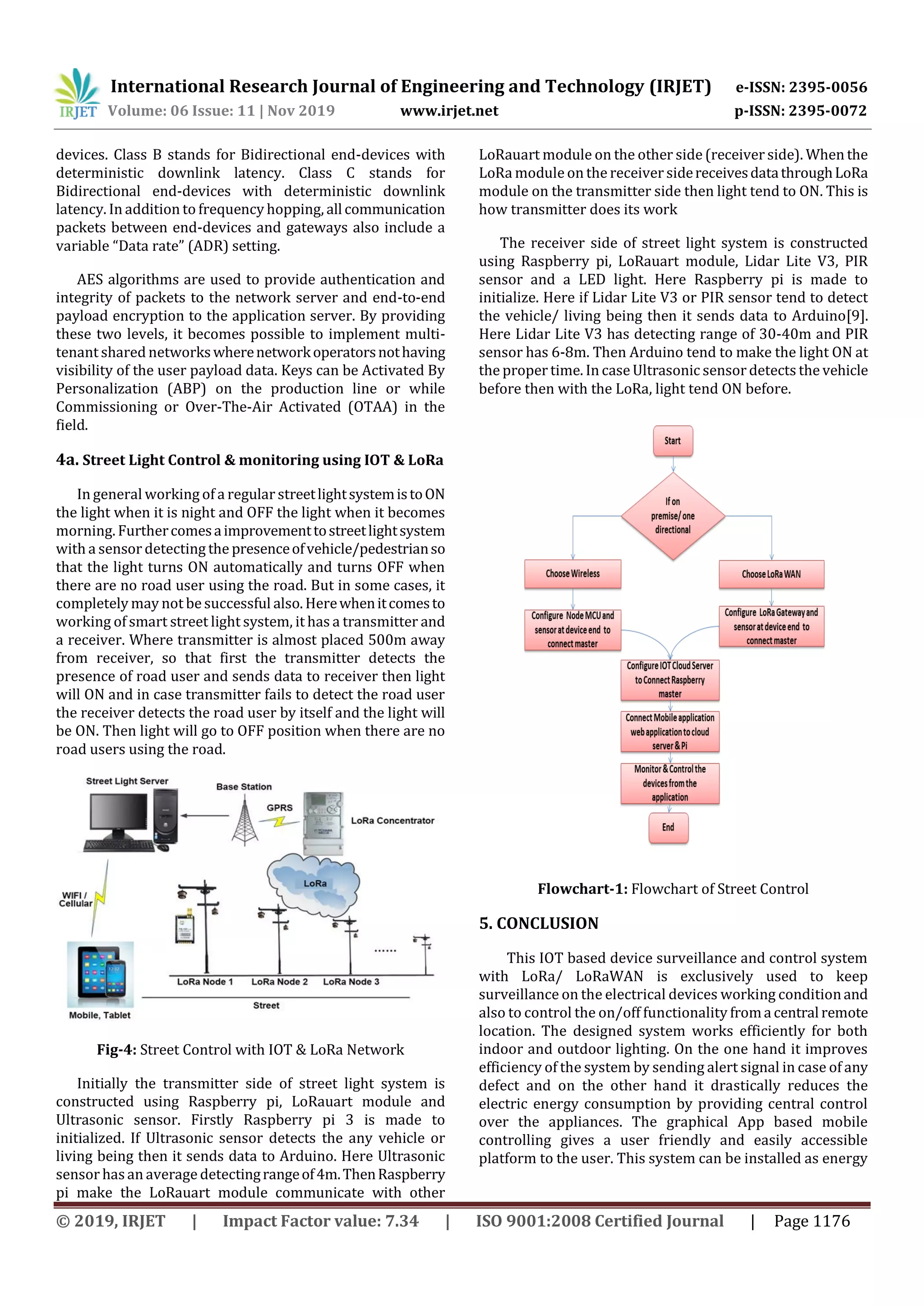 International Research Journal of Engineering and Technology (IRJET) e-ISSN: 2395-0056
Volume: 06 Issue: 11 | Nov 2019 www.irjet.net p-ISSN: 2395-0072
© 2019, IRJET | Impact Factor value: 7.34 | ISO 9001:2008 Certified Journal | Page 1176
devices. Class B stands for Bidirectional end-devices with
deterministic downlink latency. Class C stands for
Bidirectional end-devices with deterministic downlink
latency. In addition to frequency hopping, allcommunication
packets between end-devices and gateways also include a
variable “Data rate” (ADR) setting.
AES algorithms are used to provide authentication and
integrity of packets to the network server and end-to-end
payload encryption to the application server. By providing
these two levels, it becomes possible to implement multi-
tenant shared networkswherenetworkoperatorsnothaving
visibility of the user payload data. Keys can be Activated By
Personalization (ABP) on the production line or while
Commissioning or Over-The-Air Activated (OTAA) in the
field.
4a. Street Light Control & monitoring using IOT & LoRa
In general working of a regular streetlightsystemistoON
the light when it is night and OFF the light when it becomes
morning. Furthercomesaimprovementtostreetlightsystem
with a sensor detecting the presenceofvehicle/pedestrianso
that the light turns ON automatically and turns OFF when
there are no road user using the road. But in some cases, it
completely may not be successful also. Herewhenitcomesto
working of smart street light system, it has a transmitter and
a receiver. Where transmitter is almost placed 500m away
from receiver, so that first the transmitter detects the
presence of road user and sends data to receiver then light
will ON and in case transmitter fails to detect the road user
the receiver detects the road user by itself and the light will
be ON. Then light will go to OFF position when there are no
road users using the road.
Fig-4: Street Control with IOT & LoRa Network
Initially the transmitter side of street light system is
constructed using Raspberry pi, LoRauart module and
Ultrasonic sensor. Firstly Raspberry pi 3 is made to
initialized. If Ultrasonic sensor detects the any vehicle or
living being then it sends data to Arduino. Here Ultrasonic
sensor hasan average detectingrangeof4m.ThenRaspberry
pi make the LoRauart module communicate with other
LoRauart module on the other side(receiver side). When the
LoRa module on the receiver sidereceivesdatathroughLoRa
module on the transmitter side then light tend to ON. This is
how transmitter does its work
The receiver side of street light system is constructed
using Raspberry pi, LoRauart module, Lidar Lite V3, PIR
sensor and a LED light. Here Raspberry pi is made to
initialize. Here if Lidar Lite V3 or PIR sensor tend to detect
the vehicle/ living being then it sends data to Arduino[9].
Here Lidar Lite V3 has detecting range of 30-40m and PIR
sensor has 6-8m. Then Arduino tend to make the light ON at
the proper time. In case Ultrasonic sensor detects the vehicle
before then with the LoRa, light tend ON before.
Flowchart-1: Flowchart of Street Control
5. CONCLUSION
This IOT based device surveillance and control system
with LoRa/ LoRaWAN is exclusively used to keep
surveillance on the electrical devices working conditionand
also to control the on/off functionality froma central remote
location. The designed system works efficiently for both
indoor and outdoor lighting. On the one hand it improves
efficiency of the system by sending alert signal in case of any
defect and on the other hand it drastically reduces the
electric energy consumption by providing central control
over the appliances. The graphical App based mobile
controlling gives a user friendly and easily accessible
platform to the user. This system can be installed as energy
 