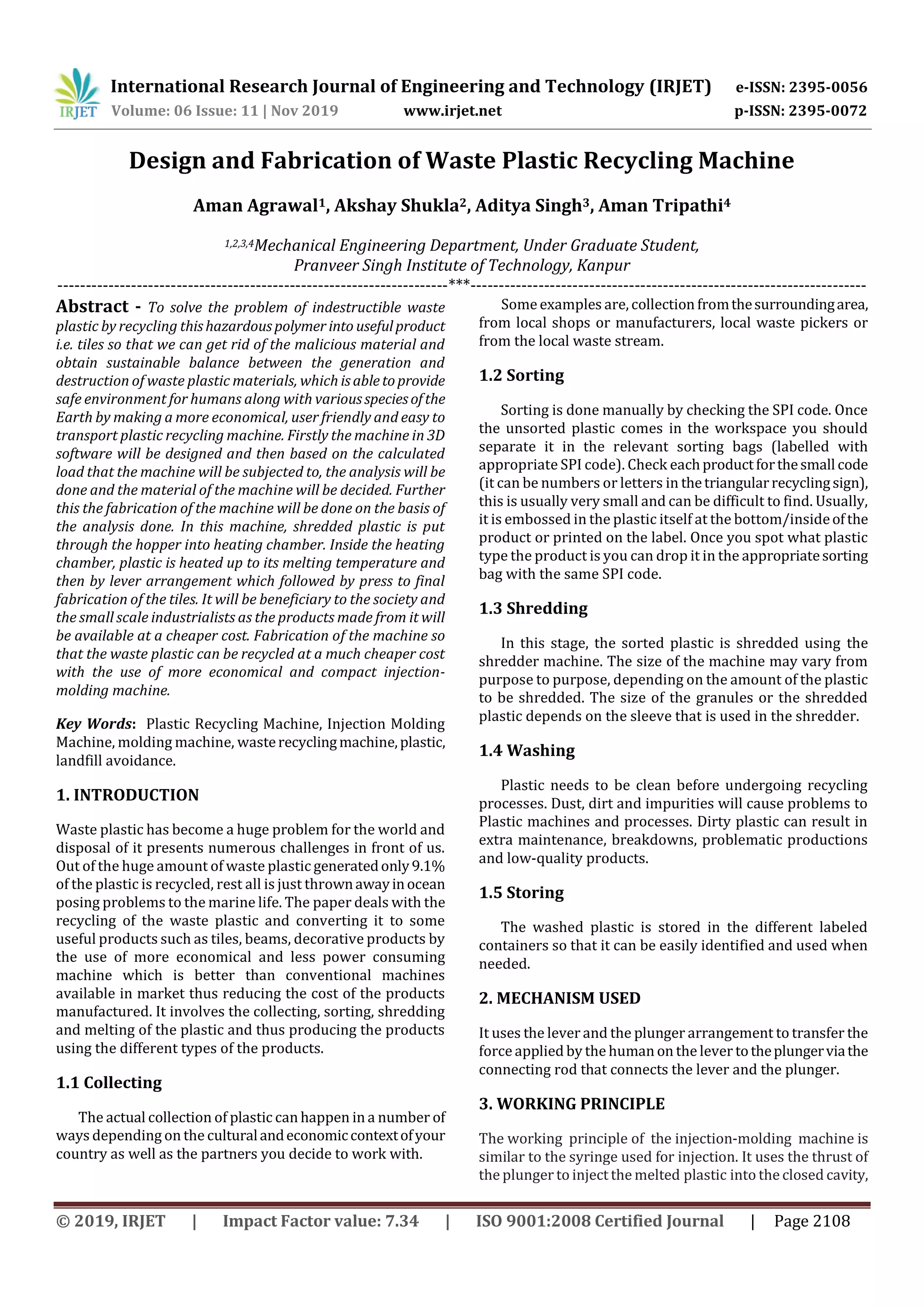 IRJET- Design and Fabrication of Waste Plastic Recycling Machine | PDF