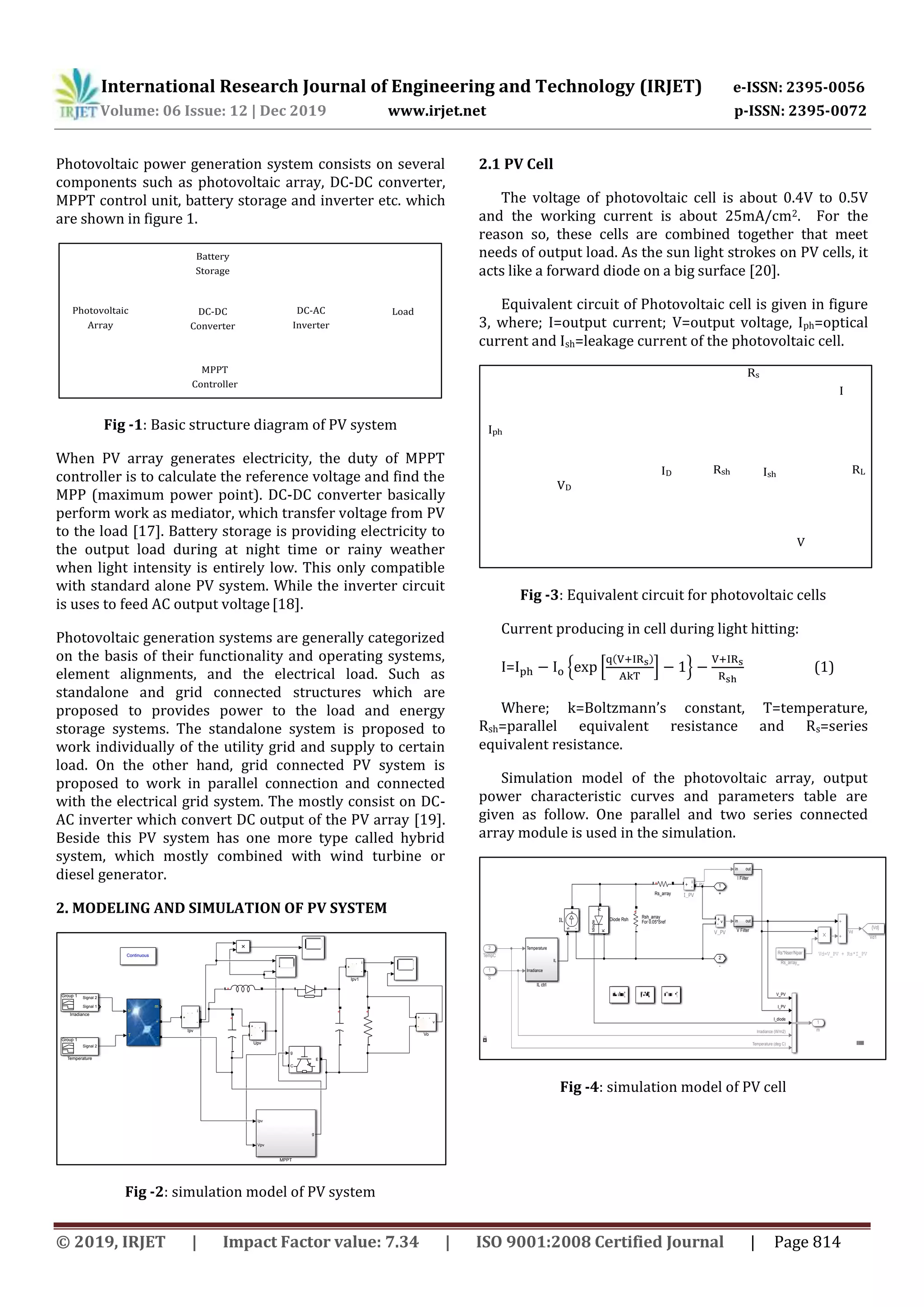 International Research Journal of Engineering and Technology (IRJET) e-ISSN: 2395-0056 Volume: 06 Issue: 12 | Dec 2019 www.irjet.net p-ISSN: 2395-0072 © 2019, IRJET | Impact Factor value: 7.34 | ISO 9001:2008 Certified Journal | Page 814 Photovoltaic power generation system consists on several components such as photovoltaic array, DC-DC converter, MPPT control unit, battery storage and inverter etc. which are shown in figure 1. Fig -1: Basic structure diagram of PV system When PV array generates electricity, the duty of MPPT controller is to calculate the reference voltage and find the MPP (maximum power point). DC-DC converter basically perform work as mediator, which transfer voltage from PV to the load [17]. Battery storage is providing electricity to the output load during at night time or rainy weather when light intensity is entirely low. This only compatible with standard alone PV system. While the inverter circuit is uses to feed AC output voltage[18]. Photovoltaic generation systems are generally categorized on the basis of their functionality and operating systems, element alignments, and the electrical load. Such as standalone and grid connected structures which are proposed to provides power to the load and energy storage systems. The standalone system is proposed to work individually of the utility grid and supply to certain load. On the other hand, grid connected PV system is proposed to work in parallel connection and connected with the electrical grid system. The mostly consist on DC- AC inverter which convert DC output of the PV array [19]. Beside this PV system has one more type called hybrid system, which mostly combined with wind turbine or diesel generator. 2. MODELING AND SIMULATION OF PV SYSTEM Fig -2: simulation model of PV system 2.1 PV Cell The voltage of photovoltaic cell is about 0.4V to 0.5V and the working current is about 25mA/cm2. For the reason so, these cells are combined together that meet needs of output load. As the sun light strokes on PV cells, it acts like a forward diode on a big surface [20]. Equivalent circuit of Photovoltaic cell is given in figure 3, where; I=output current; V=output voltage, Iph=optical current and Ish=leakage current of the photovoltaic cell. Fig -3: Equivalent circuit for photovoltaic cells Current producing in cell during light hitting: { [ ( ) ] } (1) Where; k Boltzmann’s constant, T temperature, Rsh=parallel equivalent resistance and Rs=series equivalent resistance. Simulation model of the photovoltaic array, output power characteristic curves and parameters table are given as follow. One parallel and two series connected array module is used in the simulation. Fig -4: simulation model of PV cell Battery Storage Photovoltaic Array MPPT Controller DC-DC Converter LoadDC-AC Inverter i + - Ipv v + - Vo + Ipv Vpv g MPPT + + v + - Upv Continuous Ir T mm + - i + - Ipv1 g C E + Vpv Ipv PWM duty cycle MPPT1 Signal 2 Signal 1 Group 1 Irradiance Signal 2 Group 1 Temperature Iph VD ID Rsh Ish RL Rs I V Vd=V_PV + Rs*I_PV 2 - 1 + 1 m 2 TempC 1 S v + - V_PV Idiode A K Diode Rsh s - + IL i + - I_PV + Rs_array Rs*Nser/Npar Rs_array_ + Rsh_array For 0.05*Sref {Vd} Vd1 Temperature Irradiance IL IL ctrl in out I Filter in out V Filter V_PV I_PV I_PV Vd I_diode Irradiance (W/m2) Temperature (deg C) 