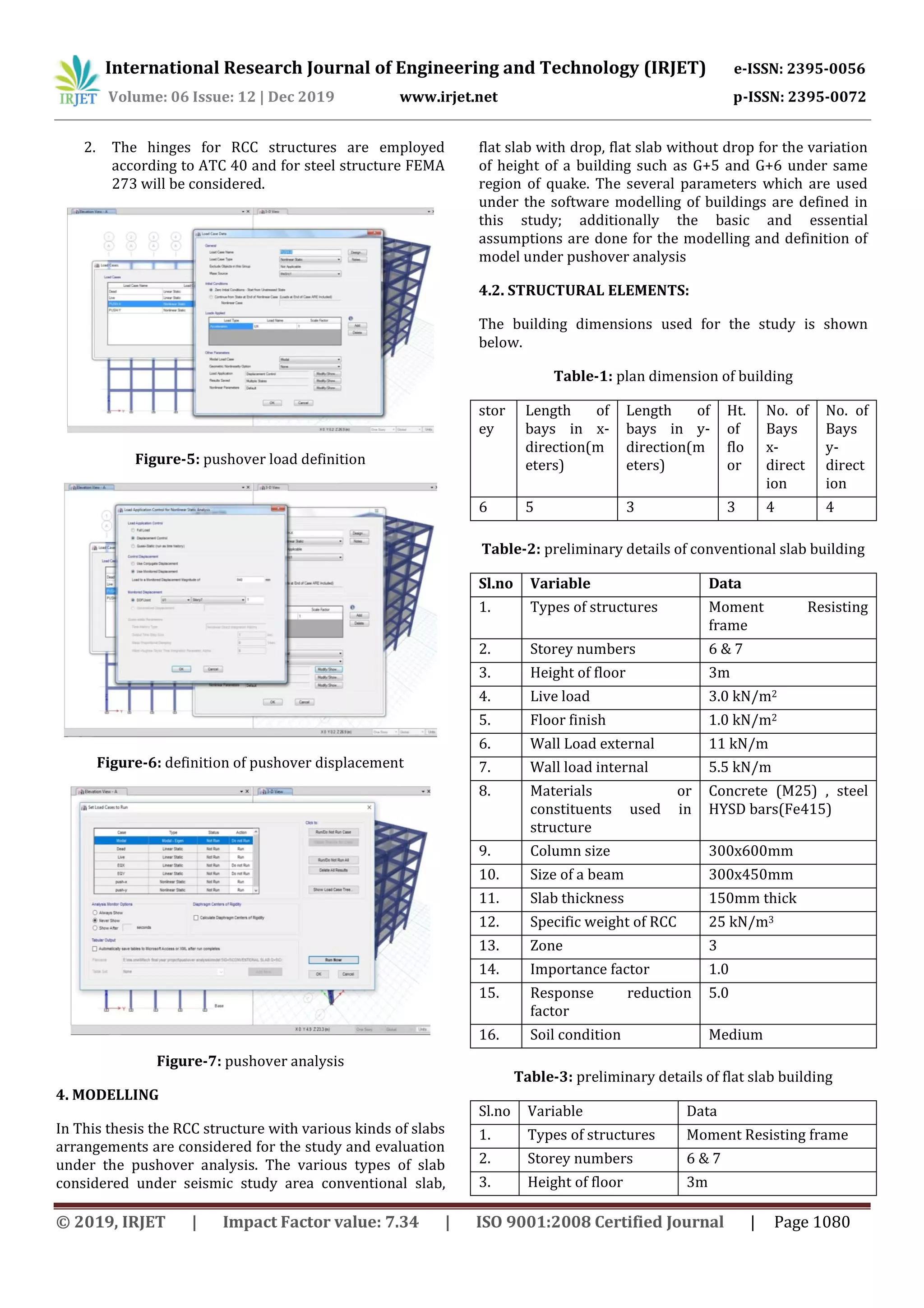 International Research Journal of Engineering and Technology (IRJET) e-ISSN: 2395-0056
Volume: 06 Issue: 12 | Dec 2019 www.irjet.net p-ISSN: 2395-0072
© 2019, IRJET | Impact Factor value: 7.34 | ISO 9001:2008 Certified Journal | Page 1080
2. The hinges for RCC structures are employed
according to ATC 40 and for steel structure FEMA
273 will be considered.
Figure-5: pushover load definition
Figure-6: definition of pushover displacement
Figure-7: pushover analysis
4. MODELLING
In This thesis the RCC structure with various kinds of slabs
arrangements are considered for the study and evaluation
under the pushover analysis. The various types of slab
considered under seismic study area conventional slab,
flat slab with drop, flat slab without drop for the variation
of height of a building such as G+5 and G+6 under same
region of quake. The several parameters which are used
under the software modelling of buildings are defined in
this study; additionally the basic and essential
assumptions are done for the modelling and definition of
model under pushover analysis
4.2. STRUCTURAL ELEMENTS:
The building dimensions used for the study is shown
below.
Table-1: plan dimension of building
stor
ey
Length of
bays in x-
direction(m
eters)
Length of
bays in y-
direction(m
eters)
Ht.
of
flo
or
No. of
Bays
x-
direct
ion
No. of
Bays
y-
direct
ion
6 5 3 3 4 4
Table-2: preliminary details of conventional slab building
Sl.no Variable Data
1. Types of structures Moment Resisting
frame
2. Storey numbers 6 & 7
3. Height of floor 3m
4. Live load 3.0 kN/m2
5. Floor finish 1.0 kN/m2
6. Wall Load external 11 kN/m
7. Wall load internal 5.5 kN/m
8. Materials or
constituents used in
structure
Concrete (M25) , steel
HYSD bars(Fe415)
9. Column size 300x600mm
10. Size of a beam 300x450mm
11. Slab thickness 150mm thick
12. Specific weight of RCC 25 kN/m3
13. Zone 3
14. Importance factor 1.0
15. Response reduction
factor
5.0
16. Soil condition Medium
Table-3: preliminary details of flat slab building
Sl.no Variable Data
1. Types of structures Moment Resisting frame
2. Storey numbers 6 & 7
3. Height of floor 3m
 