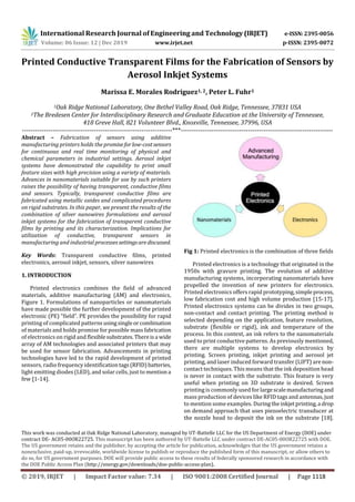 International Research Journal of Engineering and Technology (IRJET) e-ISSN:2395-0056
Volume: 06 Issue: 12 | Dec 2019 www.irjet.net p-ISSN: 2395-0072
This work was conducted at Oak Ridge National Laboratory, managed by UT-Battelle LLC for the US Department of Energy (DOE) under
contract DE- AC05-00OR22725. This manuscript has been authored by UT-Battelle LLC under contract DE-AC05-00OR22725 with DOE.
The US government retains and the publisher, by accepting the article for publication, acknowledges that the US government retains a
nonexclusive, paid-up, irrevocable, worldwide license to publish or reproduce the published form of this manuscript, or allow others to
do so, for US government purposes. DOE will provide public access to these results of federally sponsored research in accordance with
the DOE Public Access Plan (http://energy.gov/downloads/doe-public-access-plan).
© 2019, IRJET | Impact Factor value: 7.34 | ISO 9001:2008 Certified Journal | Page 1118
Printed Conductive Transparent Films for the Fabrication of Sensors by
Aerosol Inkjet Systems
Marissa E. Morales Rodriguez1, 2, Peter L. Fuhr1
1Oak Ridge National Laboratory, One Bethel Valley Road, Oak Ridge, Tennessee, 37831 USA
2The Bredesen Center for Interdisciplinary Research and Graduate Education at the University of Tennessee,
418 Greve Hall, 821 Volunteer Blvd., Knoxville, Tennessee, 37996, USA
---------------------------------------------------------------------***----------------------------------------------------------------------
Abstract – Fabrication of sensors using additive
manufacturing printers holds the promiseforlow-costsensors
for continuous and real time monitoring of physical and
chemical parameters in industrial settings. Aerosol inkjet
systems have demonstrated the capability to print small
feature sizes with high precision using a variety of materials.
Advances in nanomaterials suitable for use by such printers
raises the possibility of having transparent, conductive films
and sensors. Typically, transparent conductive films are
fabricated using metallic oxides and complicated procedures
on rigid substrates. In this paper, we present the results of the
combination of silver nanowires formulations and aerosol
inkjet systems for the fabrication of transparent conductive
films by printing and its characterization. Implications for
utilization of conductive, transparent sensors in
manufacturing and industrial processessettingsarediscussed.
Key Words: Transparent conductive films, printed
electronics, aerosol inkjet, sensors, silver nanowires
1. INTRODUCTION
Printed electronics combines the field of advanced
materials, additive manufacturing (AM) and electronics,
Figure 1. Formulations of nanoparticles or nanomaterials
have made possible the further development of the printed
electronic (PE) “field”. PE provides the possibility for rapid
printing of complicated patternsusingsingleorcombination
of materials and holds promise for possible massfabrication
of electronics on rigid and flexiblesubstrates.Thereisa wide
array of AM technologies and associated printers that may
be used for sensor fabrication. Advancements in printing
technologies have led to the rapid development of printed
sensors, radio frequency identificationtags(RFID)batteries,
light emitting diodes (LED), and solar cells, just to mention a
few [1-14].
Fig 1: Printed electronics is the combination of three fields
Printed electronics is a technology that originated in the
1950s with gravure printing. The evolution of additive
manufacturing systems, incorporating nanomaterials have
propelled the invention of new printers for electronics.
Printed electronics offers rapid prototyping, simpleprocess,
low fabrication cost and high volume production [15-17].
Printed electronics systems can be divides in two groups,
non-contact and contact printing. The printing method is
selected depending on the application, feature resolution,
substrate (flexible or rigid), ink and temperature of the
process. In this context, an ink refers to the nanomaterials
used to print conductive patterns. As previously mentioned,
there are multiple systems to develop electronics by
printing. Screen printing, inkjet printing and aerosol jet
printing, and laser induced forward transfer (LIFT) are non-
contact techniques. This means that the ink deposition head
is never in contact with the substrate. This feature is very
useful when printing on 3D substrate is desired. Screen
printing is commonly used for largescalemanufacturingand
mass production of devices like RFID tags and antennas,just
to mention some examples. Duringtheinkjetprinting,a drop
on demand approach that uses piezoelectric transducer at
the nozzle head to deposit the ink on the substrate [18].
 