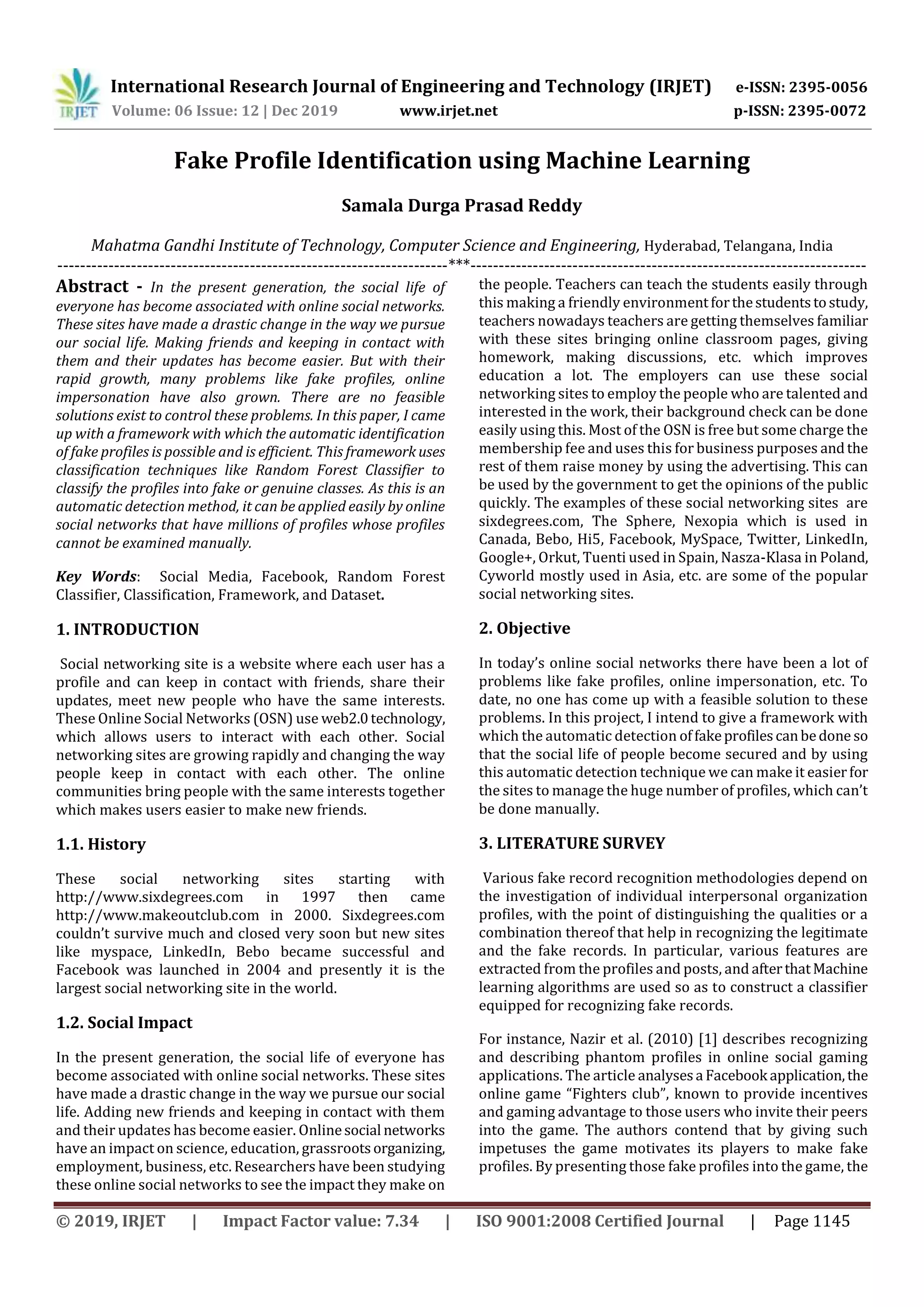 IRJET- Fake Profile Identification using Machine Learning | PDF