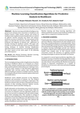 International Research Journal of Engineering and Technology (IRJET) e-ISSN: 2395-0056
Volume: 06 Issue: 12 | Dec 2019 www.irjet.net p-ISSN: 2395-0072
© 2019, IRJET | Impact Factor value: 7.34 | ISO 9001:2008 Certified Journal | Page 1225
Machine Learning Classification Algorithms for Predictive
Analysis in Healthcare
Ms. Manjiri Mahadev Mastoli1, Dr. Urmila R. Pol2, Rahul D. Patil3
1ResearchScholar, Department of Computer Science, Shivaji University, Kolhapur, Maharashtra, India.
2Assistant Professor, Department of Computer Science, Shivaji University, Kolhapur, Maharashtra, India.
3Quality Assurance Engineer, Menon Bearing Ltd, Kolhapur, Maharashtra
---------------------------------------------------------------------***----------------------------------------------------------------------
Abstract – Machine LearningandArtificialIntelligence has
gained much attention from researchers in healthcare and
medical sciences. Today volume, velocity, and variety of
healthcare data rapidly increased, therefore there is a need of
an efficient machine learning tool which will enhance
prediction accuracy in healthcare. The main purpose of this
paper is to find the best and most suitable algorithm for
prediction and diagnosis of diseases and application of
machine learning for heathcare systems. This paper also
provides an overview of the data science concepts from data
mining technique to machine learning classification
algorithms.abstract summarizes, in one paragraph (usually),
the major aspects of the entire paper in the following
prescribed sequence.
Key Words: Data Mining Technique, Machine Learning,
Artificial Intelligence, Classification, Heathcare.
1. INTRODUCTION:
The increasingly growing numberofapplicationsofmachine
learning in healthcare allows us to foretaste at a future
where data, analysis, and innovation work hand-in-hand to
help countless patients without them ever realizing it. Soon,
it will be quite common to find ML-based applications
embedded with real-time patient data available from
different healthcare systems in multiple countries, thereby
increasing the efficacy of new treatment optionswhichwere
unavailable before.
Healthcare covers detailed processes of the diagnosis,
treatment and prevention of disease, [1]. The medical
industry in most countries is evolving at a rapid space. The
healthcare industry with rich data as they generate massive
amounts of data, including electronic medical records,
administrative reports and other findings [2].
Health informatics are becoming a very research-intensive
field and the largest consumer of public funds. With the
occurrence of computers and new algorithms, health care
has seen an increase in computer tools and could no longer
ignore these emerging tools. This resulted in uniting of
healthcare and computing to form health informatics.This is
expected to create more efficiency and effectiveness in the
health care system, while at the same time, improve the
quality of healthcare and lower cost. [3]
Machine learning and Deep Learning algorithms will
enhance prediction accuracy of any heathcare problem to a
upper limit as compared to existing researches.
2. MACHINE LEARNING:
Traditionally data mining is a statistical learning approach
and more effective, robust features for data analysis. From
those data, it builds prediction or clustering models. There
are lots of challenges on both pre-processing ofcomplicated
data and domain knowledge expertise. The latest advances
in machine learning technologies provide new effective
paradigms to obtain end-to-end learning machine learning
models from complex data. In this research article,
researchers review the literature on applying machine
learning technologies to advance the health care domain.
As compared to several typical prediction algorithms, the
prediction accuracy of machine learning algorithm reaches
maximum and with a convergencespeed whichisfasterthan
any other disease risk prediction [4]. Machine learning has
resulted in important contributions to a number of
disciplines in current years, withvisionandnatural language
processing [5].
Figure 1: Traditional vs. machine learning approach.
In a traditional approach to data analysis, one starts
with the model as input to the machine. In an machine
learning approach, one starts with the data and
outputs a model that can then be applied to new data
[5].
 