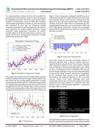 International Research Journal of Engineering and Technology (IRJET) e-ISSN: 2395-0056
Volume: 06 Issue: 12 | Dec 2019 www.irjet.net p-ISSN: 2395-0072
© 2019, IRJET | Impact Factor value: 7.34 | ISO 9001:2008 Certified Journal | Page 1305
It is understood that scientists must be able to analyze the
generated data fairly quickly in order to ensure its integrity
by identifying anomalies. One of the most common space
anomalies is temperature variances. Most often scientists
require global temperature readings to view the changes
that transpired so that they can effectively identify
temperature anomalies. Acquiringtemperatureanomaliesis
quite important; for instance, global warming is always
measured using temperature anomalies. As another
example, Figure 6. shows the temperatures variance as the
annual and five-year running mean temperature changes
with the base period 1951-1980.
Fig -6: Hemispheric Temperature Change
This temperature analysis has been conducted by scientists
at NASA’s Goddard Institute for Space Studies (GISS). This
plot shows that the average global temperature on earth
increased by about 0.8°Celsius (1.4°Fahrenheit) since 1880.
Two-thirds of the warming has occurred since 1975ata rate
of roughly 0.15-0.20°C per decade. Figure7 showsanannual
and five-year running mean surface air temperature in the
contiguous 48 United States relativetothe1951-1980mean.
Fig -7: Temperature
Figure 7 shows temperature readings from1880 to present
with the base period 1951-1980. The black line istheannual
mean and the red line is the five-year running mean. See
Figure 8 to view the actual plotted data of the specified
anomaly. In the early 1920’s, there is an indication of a low
average global temperature occurring between 1880 and
2013. High global temperature average has increasingly
predominated, with the ratio now about two-to-one for the
48 states as a whole.
Fig -8: Temperature Anomaly Plot
Such tasks cannot be executed successfully without an
advanced algorithm that is able to retrieve data in a
significantly short amount of time. The relevancy of data lies
with researcher’s ability to access such results in a timely
manner. Therefore, the proposed algorithm is quite suited
for such a case because it is fast and efficient. The retrieval
process of spacecraft data is very crucial in determining the
accuracy of the results; however, this task was complicated
by the extremely large amount of the available data.
Nevertheless, the proposed algorithm is able to present
accurate results even when operating with such
complexities. Researchers now have the ability to locate the
desired file from large datasets at a preferred time. The
practical value of the proposed algorithm is presented
through empirical results.
Fig -9: Result of Algorithm
This algorithm was able to locate the selected file from large
datasets. Essentially, keyingthedesiredtimewill providethe
 
