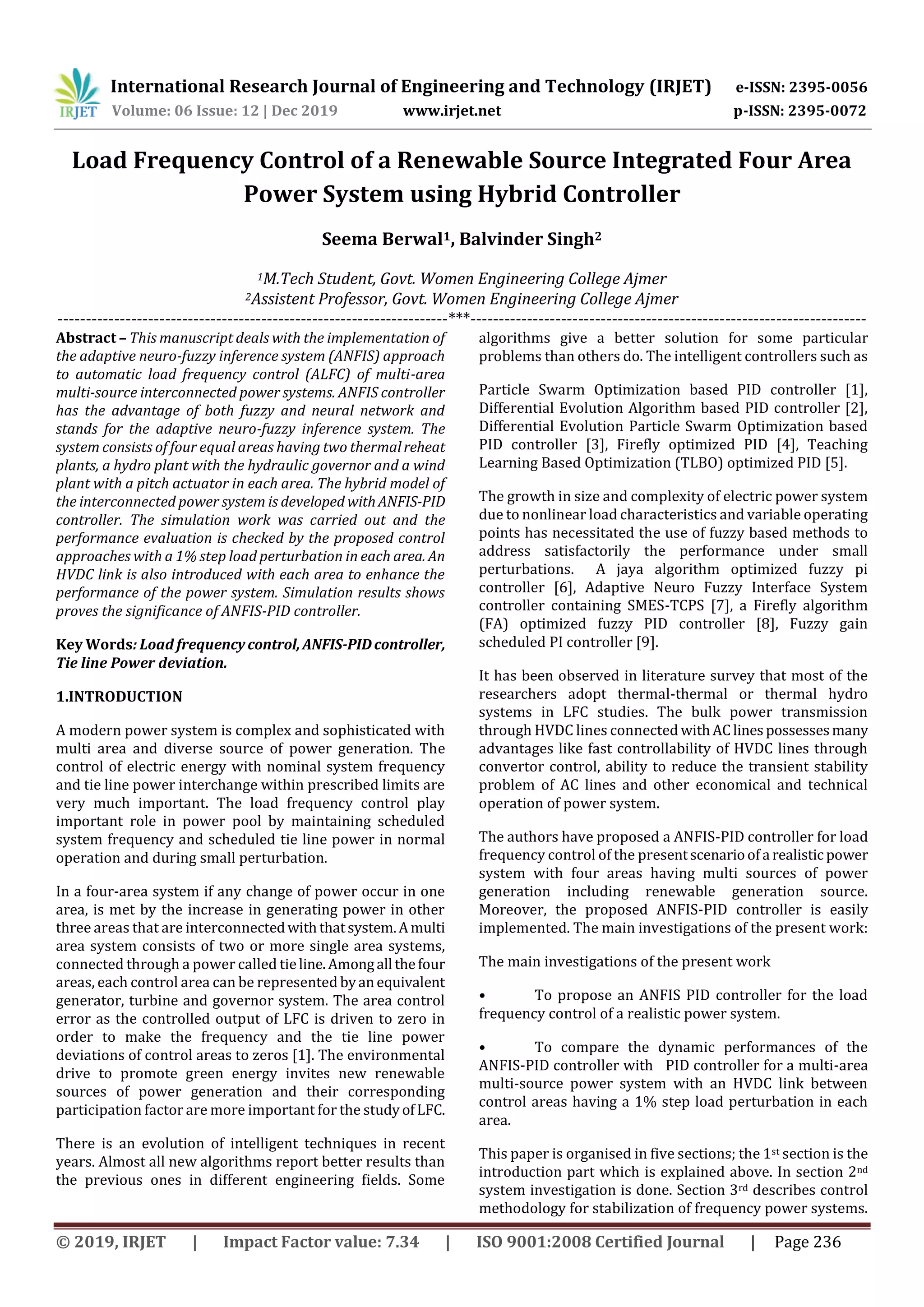 IRJET- Load Frequency Control of a Renewable Source Integrated Four ...