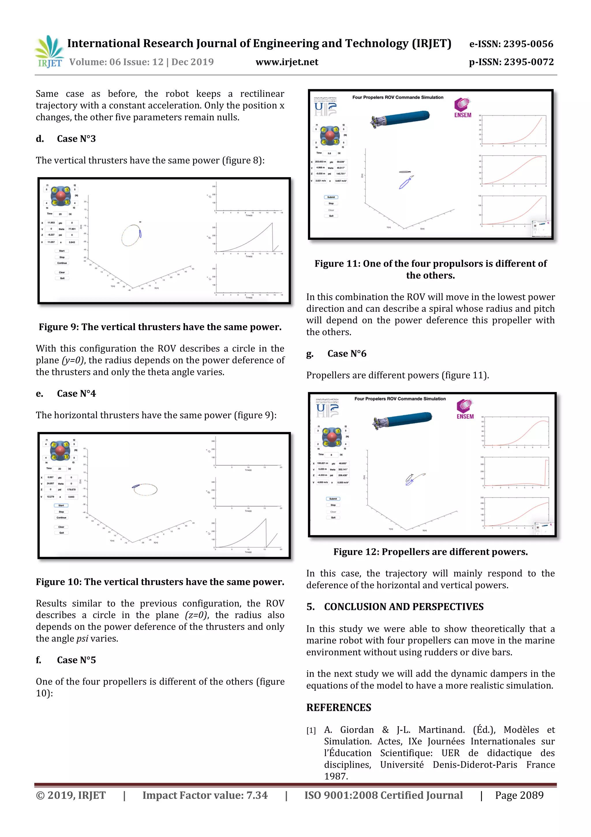 International Research Journal of Engineering and Technology (IRJET) e-ISSN: 2395-0056
Volume: 06 Issue: 12 | Dec 2019 www.irjet.net p-ISSN: 2395-0072
© 2019, IRJET | Impact Factor value: 7.34 | ISO 9001:2008 Certified Journal | Page 2089
Same case as before, the robot keeps a rectilinear
trajectory with a constant acceleration. Only the position x
changes, the other five parameters remain nulls.
d. Case N°3
The vertical thrusters have the same power (figure 8):
Figure 9: The vertical thrusters have the same power.
With this configuration the ROV describes a circle in the
plane (y=0), the radius depends on the power deference of
the thrusters and only the theta angle varies.
e. Case N°4
The horizontal thrusters have the same power (figure 9):
Figure 10: The vertical thrusters have the same power.
Results similar to the previous configuration, the ROV
describes a circle in the plane (z=0), the radius also
depends on the power deference of the thrusters and only
the angle psi varies.
f. Case N°5
One of the four propellers is different of the others (figure
10):
Figure 11: One of the four propulsors is different of
the others.
In this combination the ROV will move in the lowest power
direction and can describe a spiral whose radius and pitch
will depend on the power deference this propeller with
the others.
g. Case N°6
Propellers are different powers (figure 11).
Figure 12: Propellers are different powers.
In this case, the trajectory will mainly respond to the
deference of the horizontal and vertical powers.
5. CONCLUSION AND PERSPECTIVES
In this study we were able to show theoretically that a
marine robot with four propellers can move in the marine
environment without using rudders or dive bars.
in the next study we will add the dynamic dampers in the
equations of the model to have a more realistic simulation.
REFERENCES
[1] A. Giordan & J-L. Martinand. (Éd.), Modèles et
Simulation. Actes, IXe Journées Internationales sur
l’Éducation Scientifique: UER de didactique des
disciplines, Université Denis-Diderot-Paris France
1987.
 