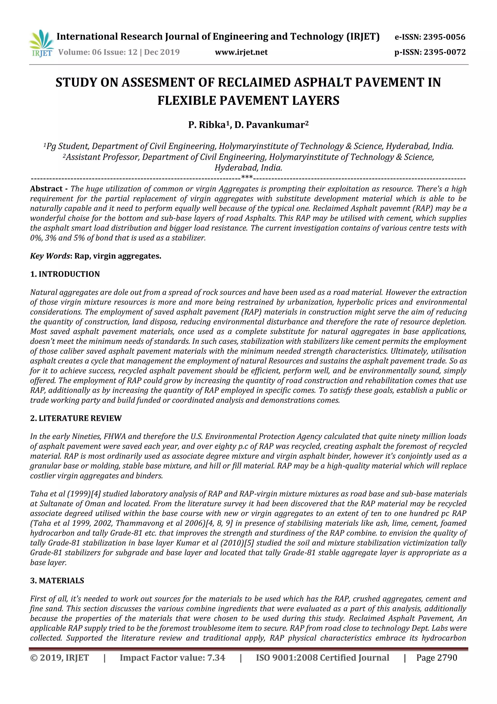 IRJET- Study on Assesment of Reclaimed Asphalt Pavement in Flexible ...