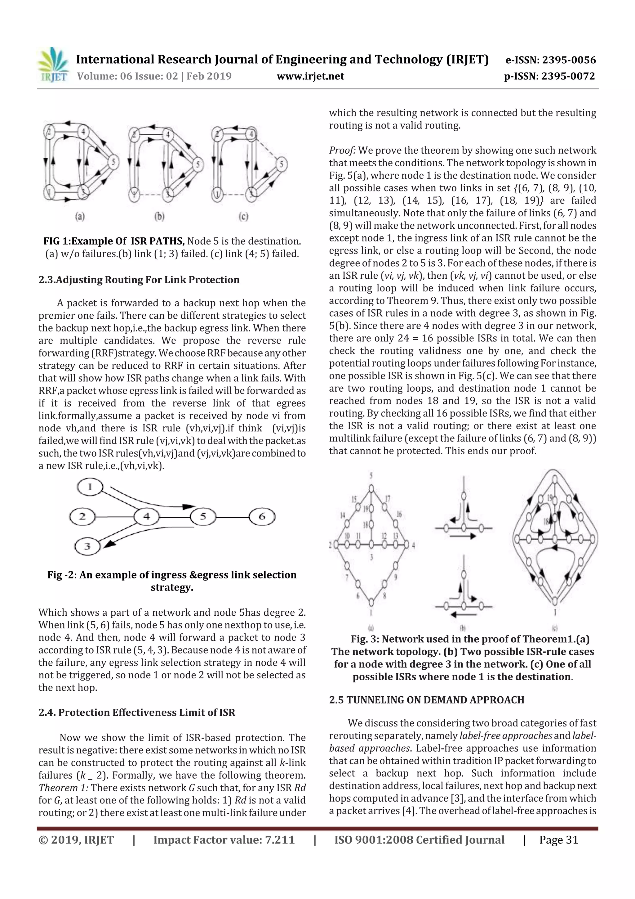 International Research Journal of Engineering and Technology (IRJET) e-ISSN: 2395-0056
Volume: 06 Issue: 02 | Feb 2019 www.irjet.net p-ISSN: 2395-0072
© 2019, IRJET | Impact Factor value: 7.211 | ISO 9001:2008 Certified Journal | Page 31
FIG 1:Example Of ISR PATHS, Node 5 is the destination.
(a) w/o failures.(b) link (1; 3) failed. (c) link (4; 5) failed.
2.3.Adjusting Routing For Link Protection
A packet is forwarded to a backup next hop when the
premier one fails. There can be different strategies to select
the backup next hop,i.e.,the backup egress link. When there
are multiple candidates. We propose the reverse rule
forwarding(RRF)strategy. WechooseRRFbecauseanyother
strategy can be reduced to RRF in certain situations. After
that will show how ISR paths change when a link fails. With
RRF,a packet whose egress link is failed will be forwarded as
if it is received from the reverse link of that egrees
link.formally,assume a packet is received by node vi from
node vh,and there is ISR rule (vh,vi,vj).if think (vi,vj)is
failed,we will find ISR rule (vj,vi,vk)todealwiththepacket.as
such, the two ISR rules(vh,vi,vj)and (vj,vi,vk)arecombinedto
a new ISR rule,i.e.,(vh,vi,vk).
Fig -2: An example of ingress &egress link selection
strategy.
Which shows a part of a network and node 5has degree 2.
When link (5, 6) fails, node 5 has only one nexthop to use,i.e.
node 4. And then, node 4 will forward a packet to node 3
according to ISR rule (5, 4, 3). Because node 4 is notaware of
the failure, any egress link selection strategy in node 4 will
not be triggered, so node 1 or node 2 will not be selected as
the next hop.
2.4. Protection Effectiveness Limit of ISR
Now we show the limit of ISR-based protection. The
result is negative: there exist some networksin whichnoISR
can be constructed to protect the routing against all k-link
failures (k _ 2). Formally, we have the following theorem.
Theorem 1: There exists network G such that, for any ISR Rd
for G, at least one of the following holds: 1) Rd is not a valid
routing; or 2) there exist at least one multi-link failureunder
which the resulting network is connected but the resulting
routing is not a valid routing.
Proof: We prove the theorem by showing one such network
that meets the conditions. The network topology isshown in
Fig. 5(a), where node 1 is the destination node. We consider
all possible cases when two links in set {(6, 7), (8, 9), (10,
11), (12, 13), (14, 15), (16, 17), (18, 19)} are failed
simultaneously. Note that only the failure of links (6, 7) and
(8, 9) will make the network unconnected.First,forall nodes
except node 1, the ingress link of an ISR rule cannot be the
egress link, or else a routing loop will be Second, the node
degree of nodes 2 to 5 is 3. For each of these nodes, if there is
an ISR rule (vi, vj, vk), then (vk, vj, vi) cannot be used, or else
a routing loop will be induced when link failure occurs,
according to Theorem 9. Thus, there exist only two possible
cases of ISR rules in a node with degree 3, as shown in Fig.
5(b). Since there are 4 nodes with degree 3 in our network,
there are only 24 = 16 possible ISRs in total. We can then
check the routing validness one by one, and check the
potential routing loops underfailuresfollowingForinstance,
one possible ISR is shown in Fig. 5(c). We can see that there
are two routing loops, and destination node 1 cannot be
reached from nodes 18 and 19, so the ISR is not a valid
routing. By checking all 16 possible ISRs, we find that either
the ISR is not a valid routing; or there exist at least one
multilink failure (except the failure of links (6, 7) and (8, 9))
that cannot be protected. This ends our proof.
Fig. 3: Network used in the proof of Theorem1.(a)
The network topology. (b) Two possible ISR-rule cases
for a node with degree 3 in the network. (c) One of all
possible ISRs where node 1 is the destination.
2.5 TUNNELING ON DEMAND APPROACH
We discuss the considering two broad categories of fast
rerouting separately,namely label-freeapproachesandlabel-
based approaches. Label-free approaches use information
that can be obtained within traditionIPpacketforwardingto
select a backup next hop. Such information include
destination address, local failures, next hop andbackupnext
hops computed in advance [3], and the interface from which
a packet arrives [4]. The overheadoflabel-freeapproachesis
 