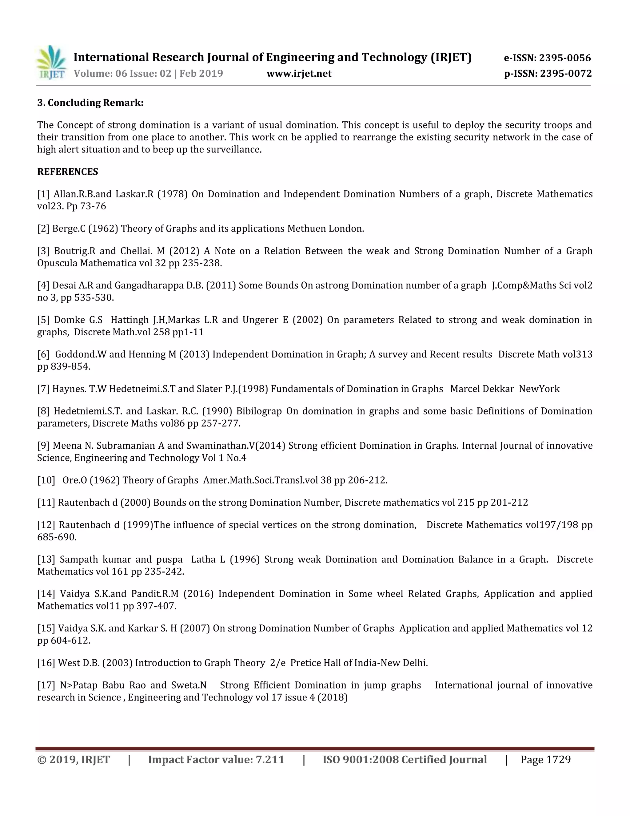 International Research Journal of Engineering and Technology (IRJET) e-ISSN: 2395-0056
Volume: 06 Issue: 02 | Feb 2019 www.irjet.net p-ISSN: 2395-0072
© 2019, IRJET | Impact Factor value: 7.211 | ISO 9001:2008 Certified Journal | Page 1729
3. Concluding Remark:
The Concept of strong domination is a variant of usual domination. This concept is useful to deploy the security troops and
their transition from one place to another. This work cn be applied to rearrange the existing security network in the case of
high alert situation and to beep up the surveillance.
REFERENCES
[1] Allan.R.B.and Laskar.R (1978) On Domination and Independent Domination Numbers of a graph, Discrete Mathematics
vol23. Pp 73-76
[2] Berge.C (1962) Theory of Graphs and its applications Methuen London.
[3] Boutrig.R and Chellai. M (2012) A Note on a Relation Between the weak and Strong Domination Number of a Graph
Opuscula Mathematica vol 32 pp 235-238.
[4] Desai A.R and Gangadharappa D.B. (2011) Some Bounds On astrong Domination number of a graph J.Comp&Maths Sci vol2
no 3, pp 535-530.
[5] Domke G.S Hattingh J.H,Markas L.R and Ungerer E (2002) On parameters Related to strong and weak domination in
graphs, Discrete Math.vol 258 pp1-11
[6] Goddond.W and Henning M (2013) Independent Domination in Graph; A survey and Recent results Discrete Math vol313
pp 839-854.
[7] Haynes. T.W Hedetneimi.S.T and Slater P.J.(1998) Fundamentals of Domination in Graphs Marcel Dekkar NewYork
[8] Hedetniemi.S.T. and Laskar. R.C. (1990) Bibilograp On domination in graphs and some basic Definitions of Domination
parameters, Discrete Maths vol86 pp 257-277.
[9] Meena N. Subramanian A and Swaminathan.V(2014) Strong efficient Domination in Graphs. Internal Journal of innovative
Science, Engineering and Technology Vol 1 No.4
[10] Ore.O (1962) Theory of Graphs Amer.Math.Soci.Transl.vol 38 pp 206-212.
[11] Rautenbach d (2000) Bounds on the strong Domination Number, Discrete mathematics vol 215 pp 201-212
[12] Rautenbach d (1999)The influence of special vertices on the strong domination, Discrete Mathematics vol197/198 pp
685-690.
[13] Sampath kumar and puspa Latha L (1996) Strong weak Domination and Domination Balance in a Graph. Discrete
Mathematics vol 161 pp 235-242.
[14] Vaidya S.K.and Pandit.R.M (2016) Independent Domination in Some wheel Related Graphs, Application and applied
Mathematics vol11 pp 397-407.
[15] Vaidya S.K. and Karkar S. H (2007) On strong Domination Number of Graphs Application and applied Mathematics vol 12
pp 604-612.
[16] West D.B. (2003) Introduction to Graph Theory 2/e Pretice Hall of India-New Delhi.
[17] N>Patap Babu Rao and Sweta.N Strong Efficient Domination in jump graphs International journal of innovative
research in Science , Engineering and Technology vol 17 issue 4 (2018)
 