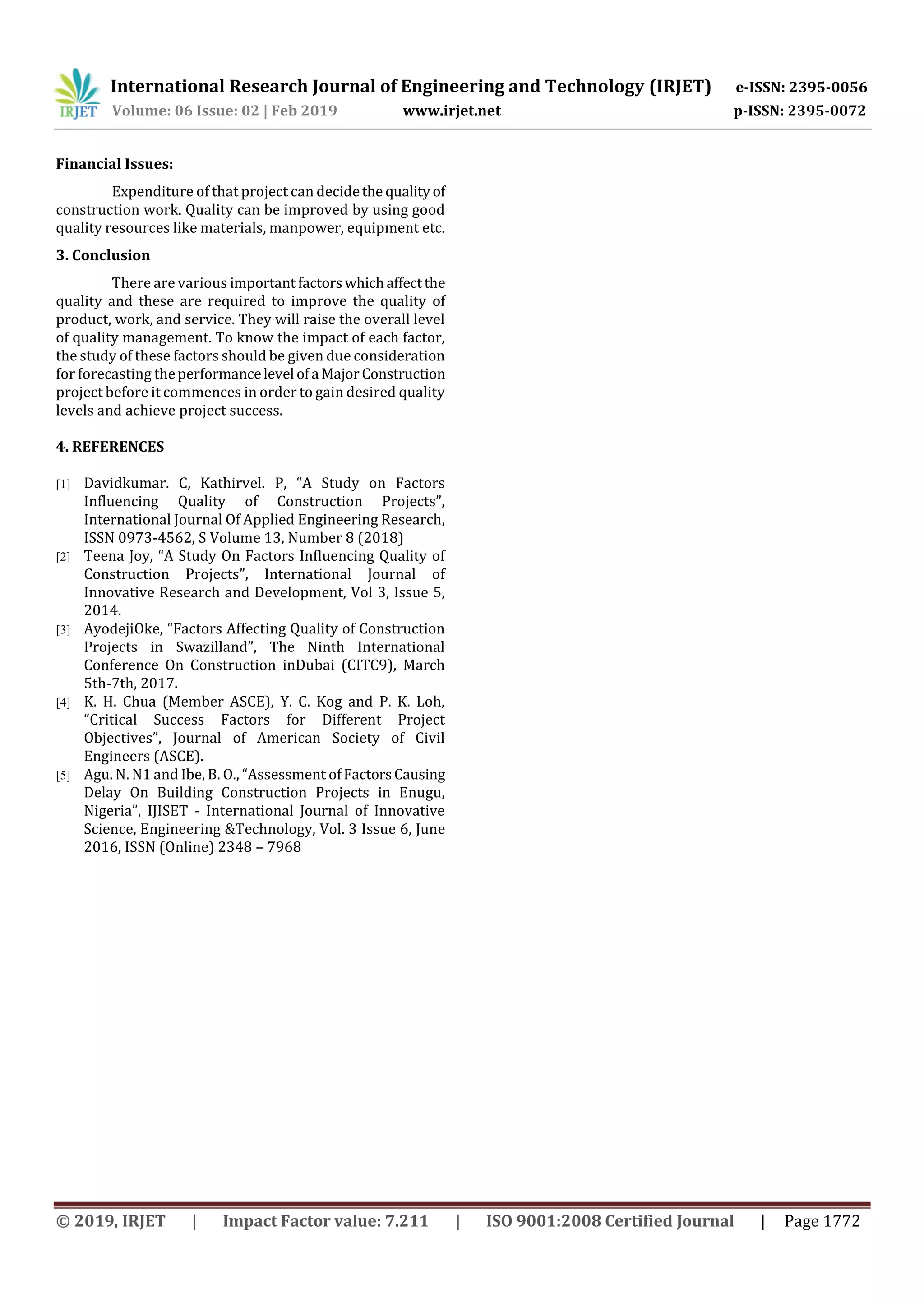 IRJET- Review on Study of Factors Affecting Quality of Construction ...