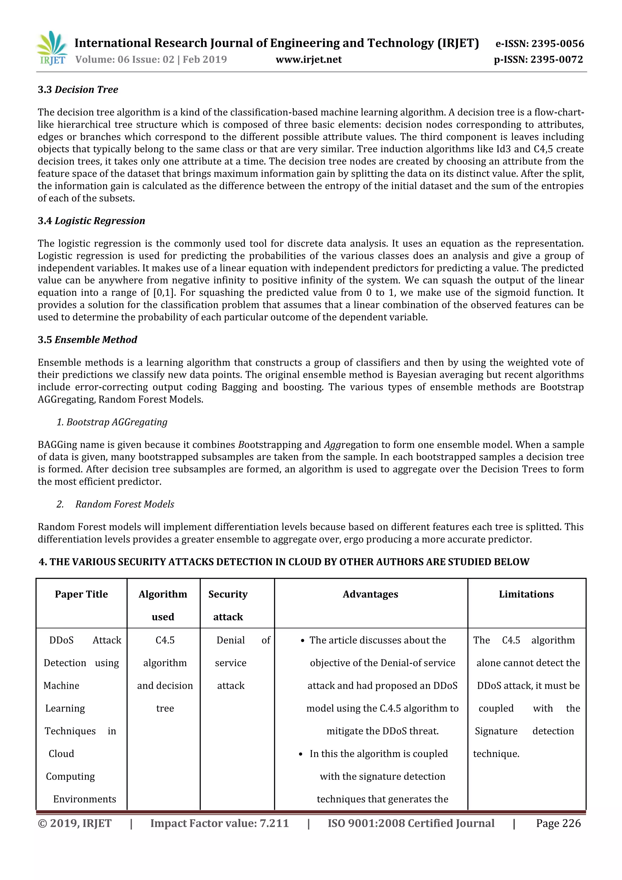 International Research Journal of Engineering and Technology (IRJET) e-ISSN: 2395-0056 Volume: 06 Issue: 02 | Feb 2019 www.irjet.net p-ISSN: 2395-0072 © 2019, IRJET | Impact Factor value: 7.211 | ISO 9001:2008 Certified Journal | Page 226 3.3 Decision Tree The decision tree algorithm is a kind of the classification-based machine learning algorithm. A decision tree is a flow-chart- like hierarchical tree structure which is composed of three basic elements: decision nodes corresponding to attributes, edges or branches which correspond to the different possible attribute values. The third component is leaves including objects that typically belong to the same class or that are very similar. Tree induction algorithms like Id3 and C4,5 create decision trees, it takes only one attribute at a time. The decision tree nodes are created by choosing an attribute from the feature space of the dataset that brings maximum information gain by splitting the data on its distinct value. After the split, the information gain is calculated as the difference between the entropy of the initial dataset and the sum of the entropies of each of the subsets. 3.4 Logistic Regression The logistic regression is the commonly used tool for discrete data analysis. It uses an equation as the representation. Logistic regression is used for predicting the probabilities of the various classes does an analysis and give a group of independent variables. It makes use of a linear equation with independent predictors for predicting a value. The predicted value can be anywhere from negative infinity to positive infinity of the system. We can squash the output of the linear equation into a range of [0,1]. For squashing the predicted value from 0 to 1, we make use of the sigmoid function. It provides a solution for the classification problem that assumes that a linear combination of the observed features can be used to determine the probability of each particular outcome of the dependent variable. 3.5 Ensemble Method Ensemble methods is a learning algorithm that constructs a group of classifiers and then by using the weighted vote of their predictions we classify new data points. The original ensemble method is Bayesian averaging but recent algorithms include error-correcting output coding Bagging and boosting. The various types of ensemble methods are Bootstrap AGGregating, Random Forest Models. 1. Bootstrap AGGregating BAGGing name is given because it combines Bootstrapping and Aggregation to form one ensemble model. When a sample of data is given, many bootstrapped subsamples are taken from the sample. In each bootstrapped samples a decision tree is formed. After decision tree subsamples are formed, an algorithm is used to aggregate over the Decision Trees to form the most efficient predictor. 2. Random Forest Models Random Forest models will implement differentiation levels because based on different features each tree is splitted. This differentiation levels provides a greater ensemble to aggregate over, ergo producing a more accurate predictor. 4. THE VARIOUS SECURITY ATTACKS DETECTION IN CLOUD BY OTHER AUTHORS ARE STUDIED BELOW Paper Title Algorithm Security Advantages Limitations used attack DDoS Attack C4.5 Denial of • The article discusses about the The C4.5 algorithm Detection using algorithm service objective of the Denial-of service alone cannot detect the Machine and decision attack attack and had proposed an DDoS DDoS attack, it must be Learning tree model using the C.4.5 algorithm to coupled with the Techniques in mitigate the DDoS threat. Signature detection Cloud • In this the algorithm is coupled technique. Computing with the signature detection Environments techniques that generates the 