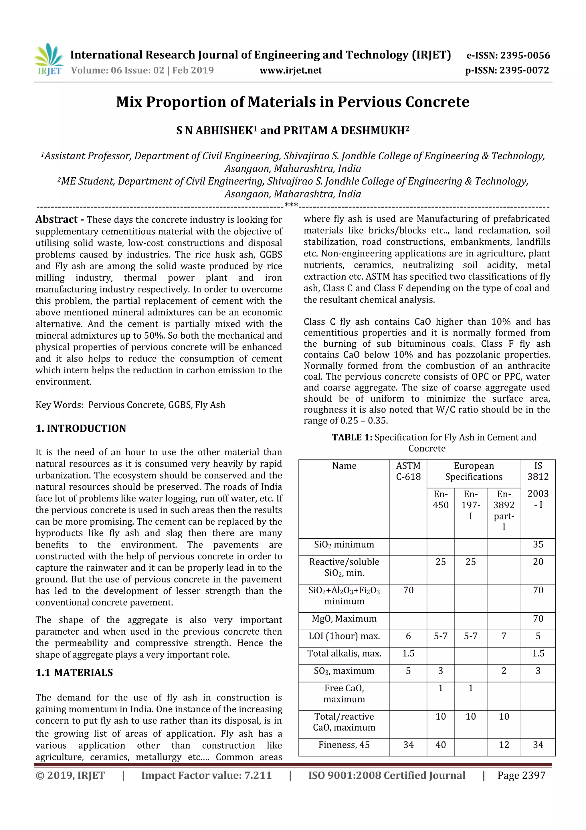 IRJET-Mix Proportion of Materials in Pervious Concrete | PDF