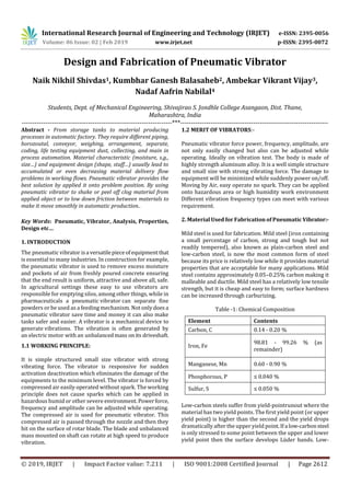 International Research Journal of Engineering and Technology (IRJET) e-ISSN: 2395-0056
Volume: 06 Issue: 02 | Feb 2019 www.irjet.net p-ISSN: 2395-0072
© 2019, IRJET | Impact Factor value: 7.211 | ISO 9001:2008 Certified Journal | Page 2612
Design and Fabrication of Pneumatic Vibrator
Naik Nikhil Shivdas1, Kumbhar Ganesh Balasaheb2, Ambekar Vikrant Vijay3,
Nadaf Aafrin Nabilal4
Students, Dept. of Mechanical Engineering, Shivajirao S. Jondhle College Asangaon, Dist. Thane,
Maharashtra, India
----------------------------------------------------------------------***---------------------------------------------------------------------
Abstract - From storage tanks to material producing
processes in automatic factory. They require different piping,
horozoutal, conveyor, weighing, arrangement, separate,
coding, life testing equipment dust, collecting, and main in
process automation. Material characteristic (moisture, s.g.,
size…) and equipment design (shape, stuff…) usually lead to
accumulated or even decreasing material delivery flow
problems in working flows. Pneumatic vibrator provides the
best solution by applied it onto problem position. By using
pneumatic vibrator to shake or peel off clog material from
applied object or to low down friction between materials to
make it move smoothly in automatic production..
Key Words: Pneumatic, Vibrator, Analysis, Properties,
Design etc…
1. INTRODUCTION
The pneumatic vibrator isa versatilepieceofequipment that
is essential to many industries. In construction for example,
the pneumatic vibrator is used to remove excess moisture
and pockets of air from freshly poured concrete ensuring
that the end result is uniform, attractive and above all, safe.
In agricultural settings these easy to use vibrators are
responsible for emptying silos, among other things, while in
pharmaceuticals a pneumatic vibrator can separate fine
powders or be used as a feeding mechanism. Not only does a
pneumatic vibrator save time and money it can also make
tasks safer and easier. A vibrator is a mechanical device to
generate vibrations. The vibration is often generated by
an electric motor with an unbalancedmass onits driveshaft.
1.1 WORKING PRINCIPLE:
It is simple structured small size vibrator with strong
vibrating force. The vibrator is responsive for sudden
activation deactivation which eliminates the damage of the
equipments to the minimum level. The vibrator is forced by
compressed air easily operated without spark. The working
principle does not cause sparks which can be applied in
hazardous humid or other severe environment.Powerforce,
frequency and amplitude can be adjusted while operating.
The compressed air is used for pneumatic vibrator. This
compressed air is passed through the nozzle and then they
hit on the surface of rotar blade. The blade and unbalanced
mass mounted on shaft can rotate at high speed to produce
vibration.
1.2 MERIT OF VIBRATORS:-
Pneumatic vibrator force power, frequency, amplitude, are
not only easily changed but also can be adjusted while
operating. Ideally on vibration test. The body is made of
highly strength aluminum alloy. It is a well simple structure
and small size with strong vibrating force. The damage to
equipment will be minimized while suddenly power on/off.
Moving by Air, easy operate no spark. They can be applied
onto hazardous area or high humidity work environment
Different vibration frequency types can meet with various
requirement.
2. Material Used for Fabrication of Pneumatic Vibrator:-
Mild steel is used for fabrication. Mild steel (iron containing
a small percentage of carbon, strong and tough but not
readily tempered), also known as plain-carbon steel and
low-carbon steel, is now the most common form of steel
because its price is relatively low while it provides material
properties that are acceptable for many applications. Mild
steel contains approximately 0.05–0.25% carbon making it
malleable and ductile. Mild steel has a relatively low tensile
strength, but it is cheap and easy to form; surface hardness
can be increased through carburizing.
Table -1: Chemical Composition
Element Contents
Carbon, C 0.14 - 0.20 %
Iron, Fe
98.81 - 99.26 % (as
remainder)
Manganese, Mn 0.60 - 0.90 %
Phosphorous, P ≤ 0.040 %
Sulfur, S ≤ 0.050 %
Low-carbon steels suffer from yield-pointrunout where the
material has two yield points. The first yield point (or upper
yield point) is higher than the second and the yield drops
dramatically after the upper yield point. Ifa low-carbonsteel
is only stressed to some point between the upper and lower
yield point then the surface develops Lüder bands. Low-
 