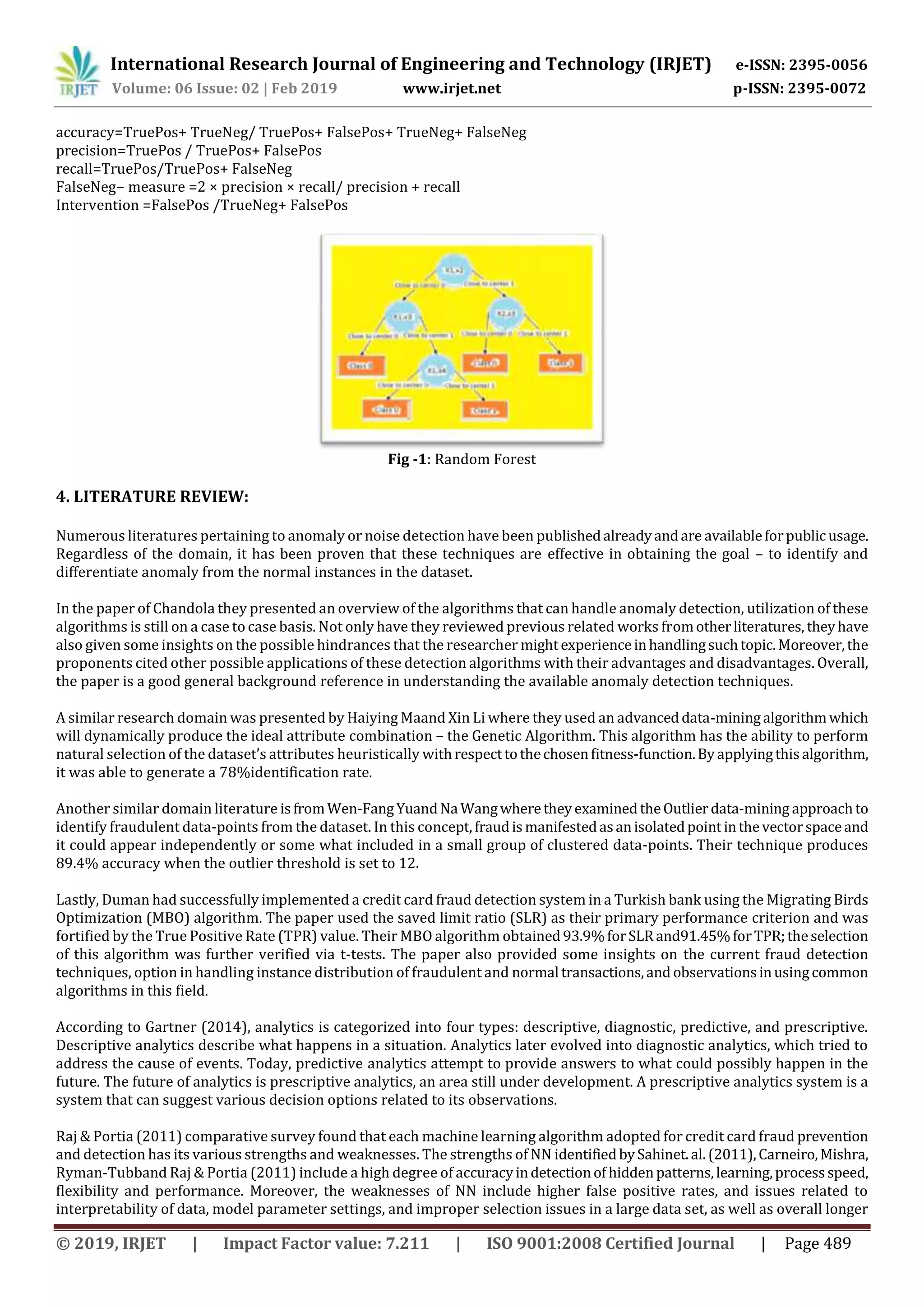 International Research Journal of Engineering and Technology (IRJET) e-ISSN: 2395-0056
Volume: 06 Issue: 02 | Feb 2019 www.irjet.net p-ISSN: 2395-0072
© 2019, IRJET | Impact Factor value: 7.211 | ISO 9001:2008 Certified Journal | Page 489
accuracy=TruePos+ TrueNeg/ TruePos+ FalsePos+ TrueNeg+ FalseNeg
precision=TruePos / TruePos+ FalsePos
recall=TruePos/TruePos+ FalseNeg
FalseNeg− measure =2 × precision × recall/ precision + recall
Intervention =FalsePos /TrueNeg+ FalsePos
Fig -1: Random Forest
4. LITERATURE REVIEW:
Numerous literatures pertaining to anomaly or noise detection have been publishedalreadyandare availableforpublicusage.
Regardless of the domain, it has been proven that these techniques are effective in obtaining the goal – to identify and
differentiate anomaly from the normal instances in the dataset.
In the paper of Chandola they presented an overview of the algorithms that can handle anomaly detection, utilization of these
algorithms is still on a case to case basis. Not only have they reviewed previous related works fromotherliteratures, theyhave
also given some insights on the possible hindrances that the researcher mightexperienceinhandlingsuchtopic.Moreover,the
proponents cited other possible applications of these detection algorithms with their advantages and disadvantages. Overall,
the paper is a good general background reference in understanding the available anomaly detection techniques.
A similar research domain was presented by Haiying Maand Xin Li where they used an advanceddata-miningalgorithmwhich
will dynamically produce the ideal attribute combination – the Genetic Algorithm. This algorithm has the ability to perform
natural selection of the dataset’s attributes heuristically withrespecttothechosenfitness-function.By applyingthisalgorithm,
it was able to generate a 78%identification rate.
Another similar domain literature isfromWen-FangYuandNa WangwheretheyexaminedtheOutlierdata-mining approachto
identify fraudulent data-points from the dataset. In this concept,fraudismanifestedasanisolatedpointinthevectorspaceand
it could appear independently or some what included in a small group of clustered data-points. Their technique produces
89.4% accuracy when the outlier threshold is set to 12.
Lastly, Duman had successfully implemented a credit card fraud detection system in a Turkish bank using the Migrating Birds
Optimization (MBO) algorithm. The paper used the saved limit ratio (SLR) as their primary performance criterion and was
fortified by the True Positive Rate (TPR) value. Their MBO algorithm obtained93.9%forSLRand91.45%forTPR;theselection
of this algorithm was further verified via t-tests. The paper also provided some insights on the current fraud detection
techniques, option in handling instance distribution of fraudulent and normal transactions,and observationsinusingcommon
algorithms in this field.
According to Gartner (2014), analytics is categorized into four types: descriptive, diagnostic, predictive, and prescriptive.
Descriptive analytics describe what happens in a situation. Analytics later evolved into diagnostic analytics, which tried to
address the cause of events. Today, predictive analytics attempt to provide answers to what could possibly happen in the
future. The future of analytics is prescriptive analytics, an area still under development. A prescriptive analytics system is a
system that can suggest various decision options related to its observations.
Raj & Portia (2011) comparative survey found that each machine learning algorithm adopted for credit card fraud prevention
and detection has its various strengths and weaknesses. The strengths of NN identifiedbySahinet.al.(2011),Carneiro,Mishra,
Ryman-Tubband Raj & Portia (2011) include a high degree of accuracyindetectionof hiddenpatterns,learning,processspeed,
flexibility and performance. Moreover, the weaknesses of NN include higher false positive rates, and issues related to
interpretability of data, model parameter settings, and improper selection issues in a large data set, as well as overall longer
 