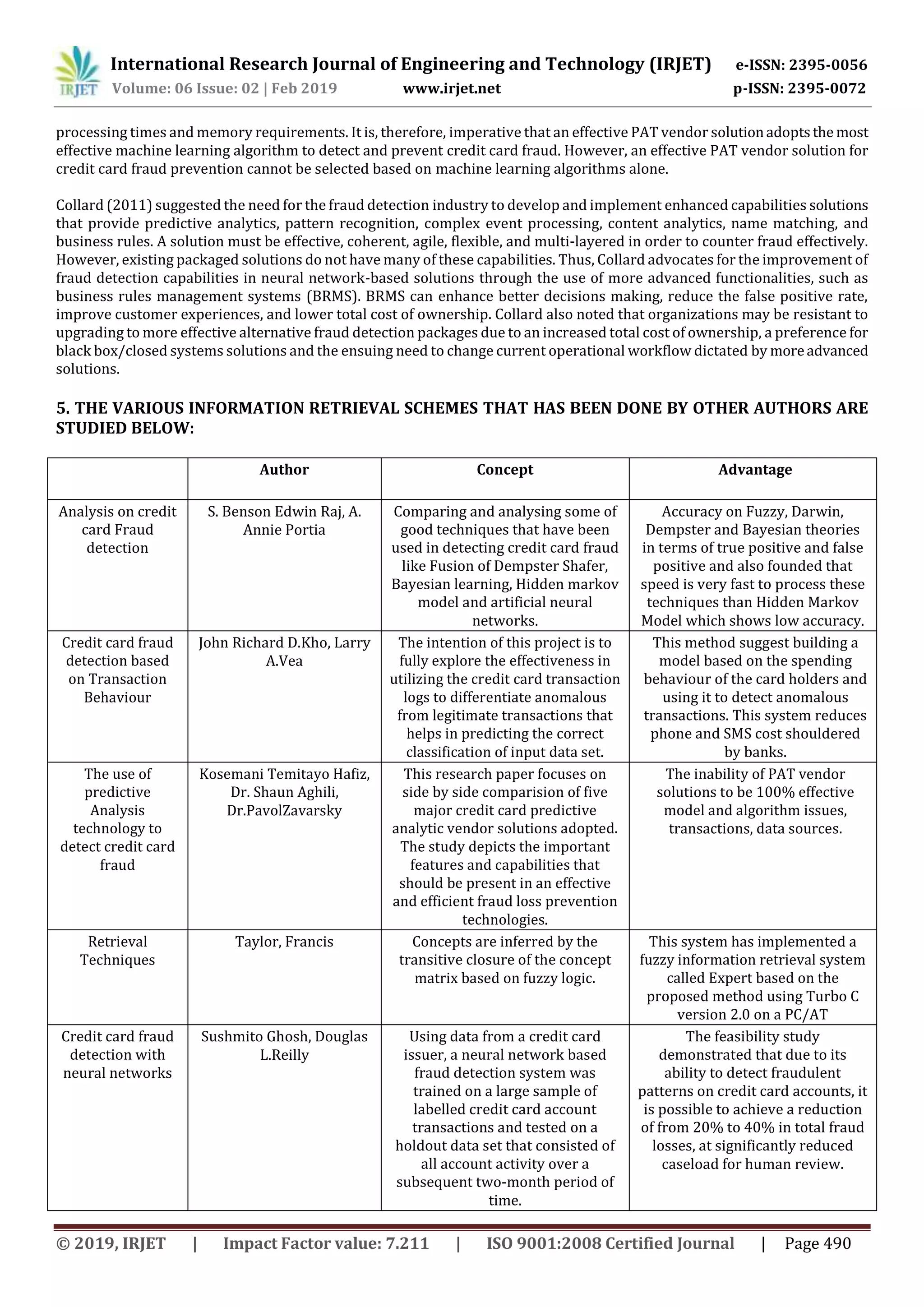 International Research Journal of Engineering and Technology (IRJET) e-ISSN: 2395-0056
Volume: 06 Issue: 02 | Feb 2019 www.irjet.net p-ISSN: 2395-0072
© 2019, IRJET | Impact Factor value: 7.211 | ISO 9001:2008 Certified Journal | Page 490
processing times and memory requirements. It is, therefore, imperative that an effective PAT vendor solutionadoptsthe most
effective machine learning algorithm to detect and prevent credit card fraud. However, an effective PAT vendor solution for
credit card fraud prevention cannot be selected based on machine learning algorithms alone.
Collard (2011) suggested the need for the fraud detection industry to develop and implement enhanced capabilities solutions
that provide predictive analytics, pattern recognition, complex event processing, content analytics, name matching, and
business rules. A solution must be effective, coherent, agile, flexible, and multi-layered in order to counter fraud effectively.
However, existing packaged solutions do not have many of these capabilities. Thus, Collard advocates for the improvement of
fraud detection capabilities in neural network-based solutions through the use of more advanced functionalities, such as
business rules management systems (BRMS). BRMS can enhance better decisions making, reduce the false positive rate,
improve customer experiences, and lower total cost of ownership. Collard also noted that organizations may be resistant to
upgrading to more effective alternative fraud detection packages due to an increased total cost of ownership, a preference for
black box/closed systems solutions and the ensuing need to change current operational workflow dictated by moreadvanced
solutions.
5. THE VARIOUS INFORMATION RETRIEVAL SCHEMES THAT HAS BEEN DONE BY OTHER AUTHORS ARE
STUDIED BELOW:
Author Concept Advantage
Analysis on credit
card Fraud
detection
S. Benson Edwin Raj, A.
Annie Portia
Comparing and analysing some of
good techniques that have been
used in detecting credit card fraud
like Fusion of Dempster Shafer,
Bayesian learning, Hidden markov
model and artificial neural
networks.
Accuracy on Fuzzy, Darwin,
Dempster and Bayesian theories
in terms of true positive and false
positive and also founded that
speed is very fast to process these
techniques than Hidden Markov
Model which shows low accuracy.
Credit card fraud
detection based
on Transaction
Behaviour
John Richard D.Kho, Larry
A.Vea
The intention of this project is to
fully explore the effectiveness in
utilizing the credit card transaction
logs to differentiate anomalous
from legitimate transactions that
helps in predicting the correct
classification of input data set.
This method suggest building a
model based on the spending
behaviour of the card holders and
using it to detect anomalous
transactions. This system reduces
phone and SMS cost shouldered
by banks.
The use of
predictive
Analysis
technology to
detect credit card
fraud
Kosemani Temitayo Hafiz,
Dr. Shaun Aghili,
Dr.PavolZavarsky
This research paper focuses on
side by side comparision of five
major credit card predictive
analytic vendor solutions adopted.
The study depicts the important
features and capabilities that
should be present in an effective
and efficient fraud loss prevention
technologies.
The inability of PAT vendor
solutions to be 100% effective
model and algorithm issues,
transactions, data sources.
Retrieval
Techniques
Taylor, Francis Concepts are inferred by the
transitive closure of the concept
matrix based on fuzzy logic.
This system has implemented a
fuzzy information retrieval system
called Expert based on the
proposed method using Turbo C
version 2.0 on a PC/AT
Credit card fraud
detection with
neural networks
Sushmito Ghosh, Douglas
L.Reilly
Using data from a credit card
issuer, a neural network based
fraud detection system was
trained on a large sample of
labelled credit card account
transactions and tested on a
holdout data set that consisted of
all account activity over a
subsequent two-month period of
time.
The feasibility study
demonstrated that due to its
ability to detect fraudulent
patterns on credit card accounts, it
is possible to achieve a reduction
of from 20% to 40% in total fraud
losses, at significantly reduced
caseload for human review.
 