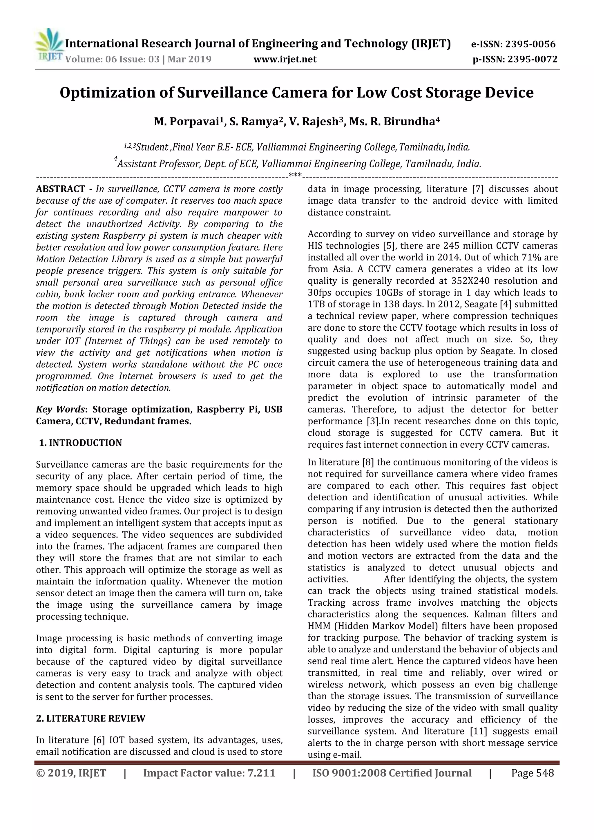 IRJET- Optimization of Surveillance Camera for Low Cost Storage Device