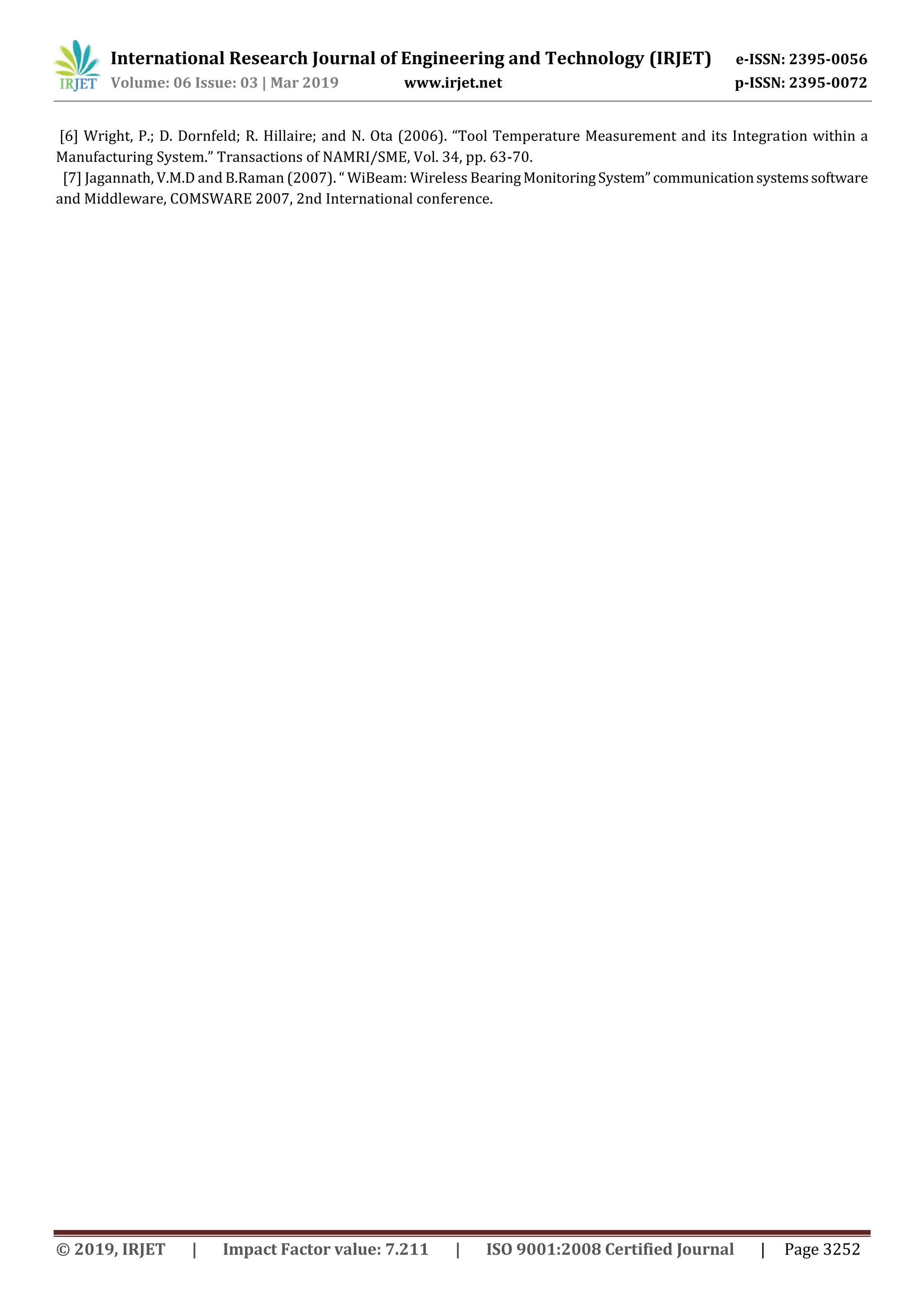 International Research Journal of Engineering and Technology (IRJET) e-ISSN: 2395-0056
Volume: 06 Issue: 03 | Mar 2019 www.irjet.net p-ISSN: 2395-0072
© 2019, IRJET | Impact Factor value: 7.211 | ISO 9001:2008 Certified Journal | Page 3252
[6] Wright, P.; D. Dornfeld; R. Hillaire; and N. Ota (2006). “Tool Temperature Measurement and its Integration within a
Manufacturing System.” Transactions of NAMRI/SME, Vol. 34, pp. 63-70.
[7] Jagannath, V.M.D and B.Raman (2007). “ WiBeam: Wireless BearingMonitoringSystem”communicationsystemssoftware
and Middleware, COMSWARE 2007, 2nd International conference.
 