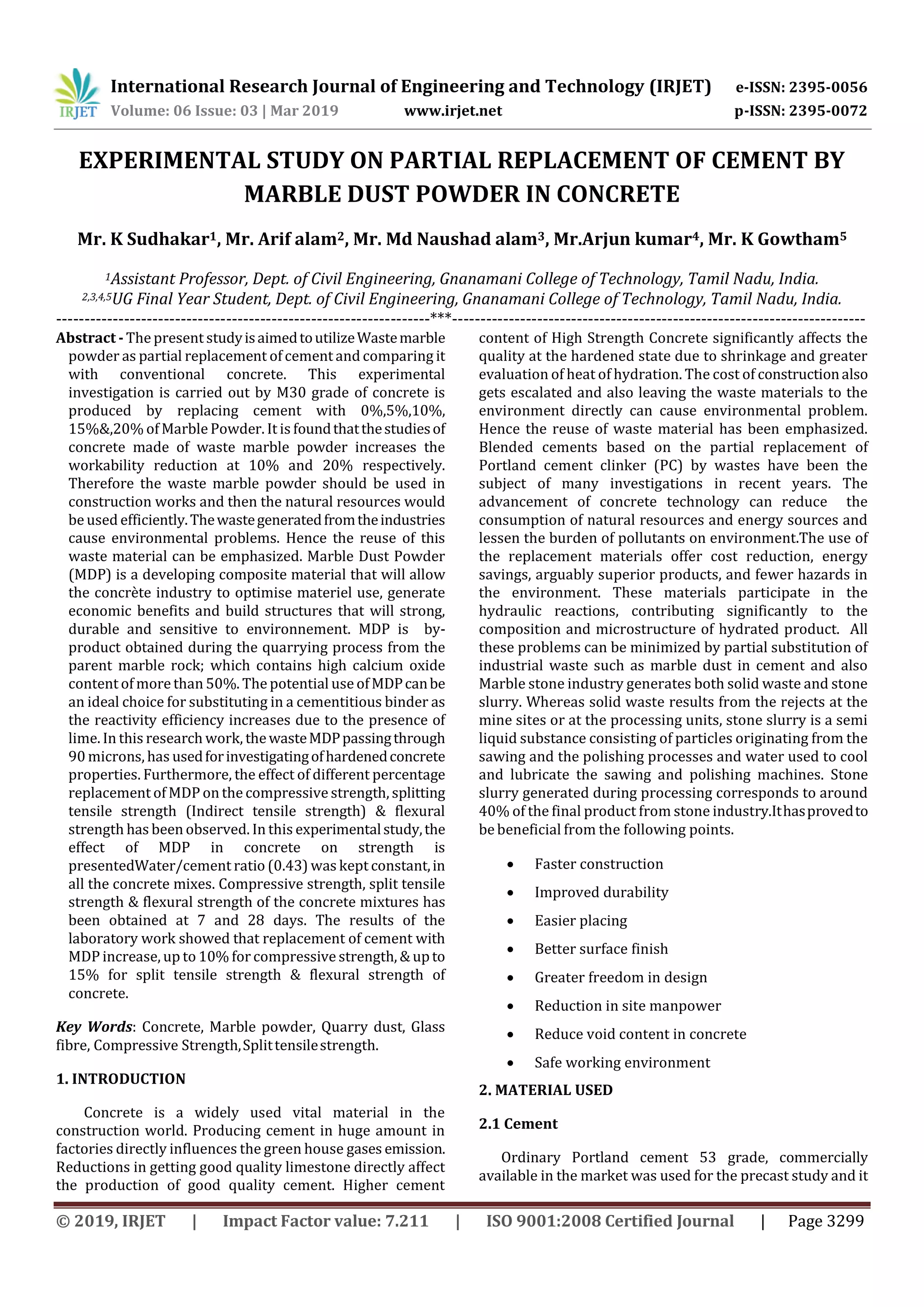 IRJET- Experimental Study on Partial Replacement of Cement by Marble ...