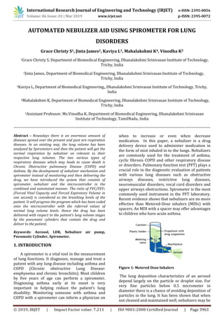 International Research Journal of Engineering and Technology (IRJET) e-ISSN: 2395-0056
Volume: 06 Issue: 03 | Mar 2019 www.irjet.net p-ISSN: 2395-0072
© 2019, IRJET | Impact Factor value: 7.211 | ISO 9001:2008 Certified Journal | Page 3963
AUTOMATED NEBULIZER AID USING SPIROMETER FOR LUNG
DISORDERS
Grace Christy S1, Jinta James2, Kaviya L3, Mahalakshmi K4, Vinodha K5
1Grace Christy S, Department of Biomedical Engineering, Dhanalakshmi Srinivasan Institute of Technology,
Trichy, India
2Jinta James, Department of Biomedical Engineering, Dhanalakshmi Srinivasan Institute of Technology,
Trichy, India
3Kaviya L, Department of Biomedical Engineering,, Dhanalakshmi Srinivasan Institute of Technology, Trichy,
India
4Mahalakshmi K, Department of Biomedical Engineering, Dhanalakshmi Srinivasan Institute of Technology,
Trichy, India
5Assistant Professor. Ms.Vinodha K, Department of Biomedical Engineering, Dhanalakshmi Srinivasan
Institute of Technology, TamilNadu, India
-----------------------------------------------------------------------------------------------------------------------------------------------
Abstract – Nowadays there is an enormous amount of
diseases spread over the present and past are respiration
diseases. In an existing way, the lung volume has been
analyzed by Spirometers and then the patient will get the
normal respiration by nebulizer on relevant to their
respective lung volumes. The two various types of
respiratory diseases which may leads to cause death is
Chronic Obstructive pulmonary Disease (COPD) and
Asthma. By the development of nebulizer mechanism and
spirometer instead of monitoring and then delivering the
drug, we have introduced the system that consists of
spirometer, nebulizer and the microcontroller in the
combined and automated manner. The ratio of FVC/FEV1
(Forced Vital Capacity and Forced Expiratory Volume in
one second) is considered as the breathing levels of the
patient. It will progress the program which has been coded
onto the microcontroller with the referred values of
normal lung volume levels. Hence the drug has been
delivered with respect to the patient’s lung volume stages
by the pneumatic cylinders that contain the drug and
deliver to the patient.
Keywords: Aerosol, LDR, Nebulizer air pump,
Pneumatic Cylinder, Spirometer.
1. INTRODUCTION
A spirometer is a vital tool in the measurement
of lung functions. It diagnoses, manage and treat a
patient with any lung disease including asthma and
COPD (Chronic obstructive Lung Disease:
emphysema and chronic bronchitis). Most children
by five years of age can perform a spirometer.
Diagnosing asthma early at its onset is very
important in helping reduce the patient’s lung
disability. Monitoring someone with asthma and
COPD with a spirometer can inform a physician on
when to increase or even when decrease
medication. In this paper, a nebulizer is a drug
delivery device used to administer medication in
the form of mist inhaled in to the lungs. Nebulizers
are commonly used for the treatment of asthma,
cyclic fibrosis COPD and other respiratory disease
or disorders. Pulmonary function test (PFT) plays a
crucial role in the diagnostic evaluation of patients
with various lung diseases such as obstructive
airways diseases, restrictive lung diseases,
neuromuscular disorders, vocal cord disorders and
upper airways obstructions. Spirometer is the most
commonly used instrument in the PFT laboratory.
Recent evidence shows that nebulizers are no more
effective than Metered-Dose inhalers (MDIs) with
spacers. An MDI with a spacer may offer advantages
to children who have acute asthma.
Figure 1: Metered Dose Inhalers
The lung deposition characteristics of an aerosol
depend largely on the particle or droplet size. For
very fine particles below 0.5 micrometer in
diameter there is a chance of avoiding deposition of
particles in the lung. It has been shown that when
not cleaned and maintained well, nebulizers may be
 