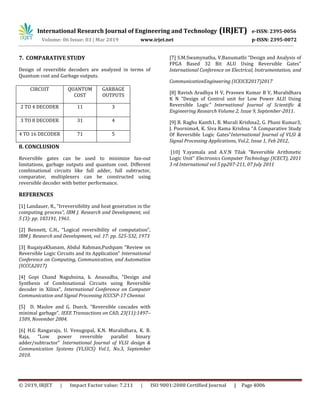 Volume: 06 Issue: 03 | Mar 2019 www.irjet.net p-ISSN: 2395-0072
© 2019, IRJET | Impact Factor value: 7.211 | ISO 9001:2008 Certified Journal | Page 4006
7. COMPARATIVE STUDY
Design of reversible decoders are analyzed in terms of
Quantum cost and Garbage outputs.
8. CONCLUSION
Reversible gates can be used to minimize fan-out
limitations, garbage outputs and quantum cost. Different
combinational circuits like full adder, full subtractor,
comparator, multiplexers can be constructed using
reversible decoder with better performance.
REFERENCES
[1] Landauer, R., “Irreversibility and heat generation in the
computing process”, IBM J. Research and Development, vol.
5 (3): pp. 183191, 1961.
[2] Bennett, C.H., “Logical reversibility of computation”,
IBM J. Research and Development, vol. 17: pp. 525-532, 1973
[3] RuqaiyaKhanam, Abdul Rahman,Pushpam “Review on
Reversible Logic Circuits and its Application” International
Conference on Computing, Communication, and Automation
(ICCCA2017)
[4] Gopi Chand Naguboina, k. Anusudha, "Design and
Synthesis of Combinational Circuits using Reversible
decoder in Xilinx", International Conference on Computer
Communication and Signal Processing ICCCSP-17 Chennai
[5] D. Maslov and G. Dueck. “Reversible cascades with
minimal garbage”. IEEE Transactions on CAD, 23(11):1497–
1509, November 2004.
[6] H.G Rangaraju, U. Venugopal, K.N. Muralidhara, K. B.
Raja, “Low power reversible parallel binary
adder/subtractor” International Journal of VLSI design &
Communication Systems (VLSICS) Vol.1, No.3, September
2010.
[7] S.M.Swamynatha, V.Banumathi “Design and Analysis of
FPGA Based 32 Bit ALU Using Reversible Gates”
International Conference on Electrical, Instrumentation, and
CommunicationEngineering (ICEICE2017)2017
[8] Ravish Aradhya H V, Praveen Kumar B V, Muralidhara
K N “Design of Control unit for Low Power ALU Using
Reversible Logic” International Journal of Scientific &
Engineering Research Volume 2, Issue 9, September-2011.
[9] B. Raghu Kanth1, B. Murali Krishna2, G. Phani Kumar3,
J. Poornima4, K. Siva Rama Krishna “A Comparative Study
Of Reversible Logic Gates”International Journal of VLSI &
Signal Processing Applications, Vol.2, Issue 1, Feb 2012,
[10] Y.syamala and A.V.N Tilak “Reversible Arithmetic
Logic Unit” Electronics Computer Technology (ICECT), 2011
3 rd International vol 5 pp207-211, 07 July 2011
CIRCUIT QUANTUM
COST
GARBAGE
OUTPUTS
2 TO 4 DECODER 11 3
3 TO 8 DECODER 31 4
4 TO 16 DECODER 71 5
International Research Journal of Engineering and Technology (IRJET) e-ISSN: 2395-0056
 
