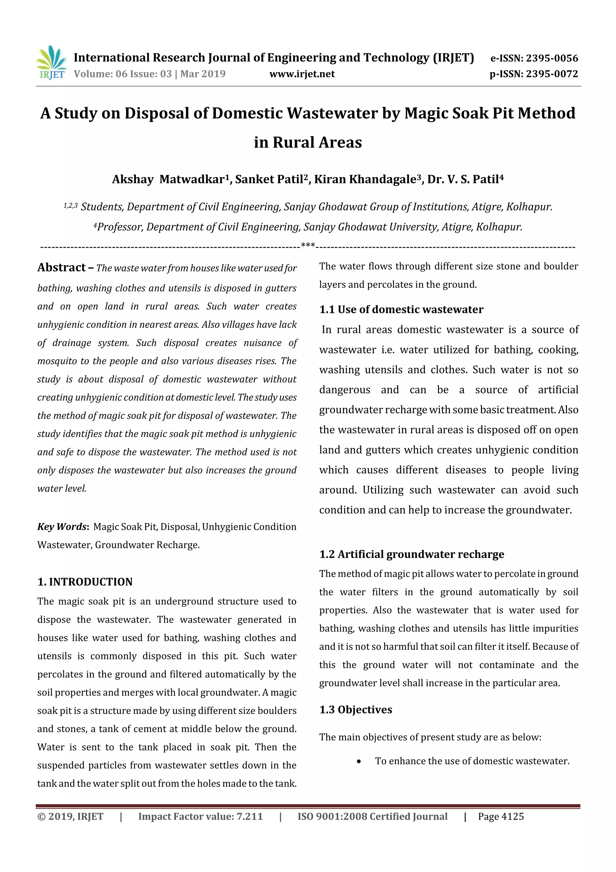 IRJET A Study on Disposal of Domestic Wastewater by Magic Soak Pit