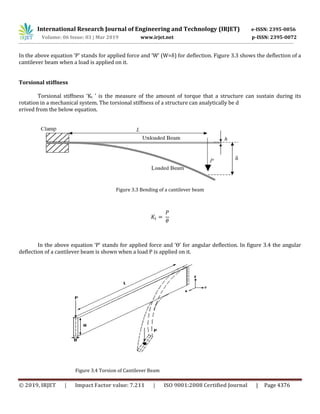 International Research Journal of Engineering and Technology (IRJET) e-ISSN: 2395-0056
Volume: 06 Issue: 03 | Mar 2019 www.irjet.net p-ISSN: 2395-0072
© 2019, IRJET | Impact Factor value: 7.211 | ISO 9001:2008 Certified Journal | Page 4376
In the above equation ‘P’ stands for applied force and ‘W’ (W=δ) for deflection. Figure 3.3 shows the deflection of a
cantilever beam when a load is applied on it.
Torsional stiffness
Torsional stiffness ‘Kt ’ is the measure of the amount of torque that a structure can sustain during its
rotation in a mechanical system. The torsional stiffness of a structure can analytically be d
erived from the below equation.
𝐾
In the above equation ‘P’ stands for applied force and ‘Ɵ’ for angular deflection. In figure 3.4 the angular
deflection of a cantilever beam is shown when a load P is applied on it.
Figure 3.4 Torsion of Cantilever Beam
 