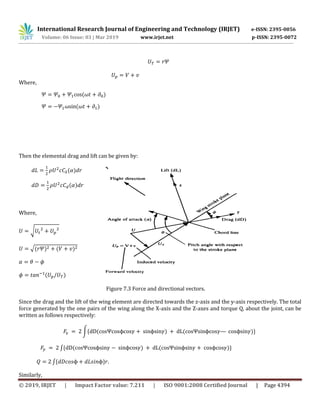 International Research Journal of Engineering and Technology (IRJET) e-ISSN: 2395-0056
Volume: 06 Issue: 03 | Mar 2019 www.irjet.net p-ISSN: 2395-0072
© 2019, IRJET | Impact Factor value: 7.211 | ISO 9001:2008 Certified Journal | Page 4394
Where,
( )
( )
Then the elemental drag and lift can be given by:
( )
( )
Where,
√
√( ) ( )
( )
Figure 7.3 Force and directional vectors.
Since the drag and the lift of the wing element are directed towards the z-axis and the y-axis respectively. The total
force generated by the one pairs of the wing along the X-axis and the Z-axes and torque Q, about the joint, can be
written as follows respectively:
∫* ( ) ( )+
∫* ( ) ( )+
∫* +
Similarly,
 