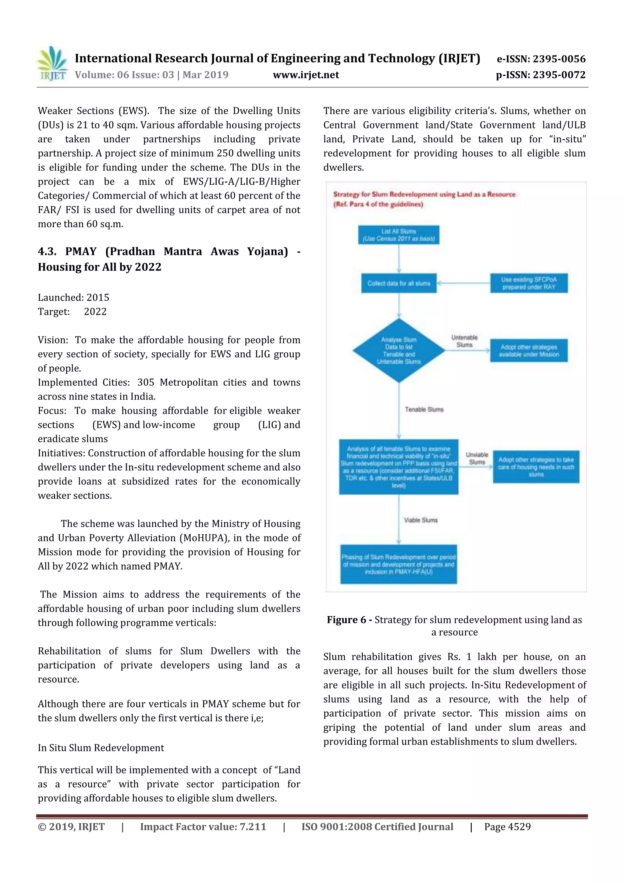 International Research Journal of Engineering and Technology (IRJET) e-ISSN: 2395-0056
Volume: 06 Issue: 03 | Mar 2019 www.irjet.net p-ISSN: 2395-0072
© 2019, IRJET | Impact Factor value: 7.211 | ISO 9001:2008 Certified Journal | Page 4529
Weaker Sections (EWS). The size of the Dwelling Units
(DUs) is 21 to 40 sqm. Various affordable housing projects
are taken under partnerships including private
partnership. A project size of minimum 250 dwelling units
is eligible for funding under the scheme. The DUs in the
project can be a mix of EWS/LIG-A/LIG-B/Higher
Categories/ Commercial of which at least 60 percent of the
FAR/ FSI is used for dwelling units of carpet area of not
more than 60 sq.m.
4.3. PMAY (Pradhan Mantra Awas Yojana) -
Housing for All by 2022
Launched: 2015
Target: 2022
Vision: To make the affordable housing for people from
every section of society, specially for EWS and LIG group
of people.
Implemented Cities: 305 Metropolitan cities and towns
across nine states in India.
Focus: To make housing affordable for eligible weaker
sections (EWS) and low-income group (LIG) and
eradicate slums
Initiatives: Construction of affordable housing for the slum
dwellers under the In-situ redevelopment scheme and also
provide loans at subsidized rates for the economically
weaker sections.
The scheme was launched by the Ministry of Housing
and Urban Poverty Alleviation (MoHUPA), in the mode of
Mission mode for providing the provision of Housing for
All by 2022 which named PMAY.
The Mission aims to address the requirements of the
affordable housing of urban poor including slum dwellers
through following programme verticals:
Rehabilitation of slums for Slum Dwellers with the
participation of private developers using land as a
resource.
Although there are four verticals in PMAY scheme but for
the slum dwellers only the first vertical is there i,e;
In Situ Slum Redevelopment
This vertical will be implemented with a concept of “Land
as a resource” with private sector participation for
providing affordable houses to eligible slum dwellers.
There are various eligibility criteria’s. Slums, whether on
Central Government land/State Government land/ULB
land, Private Land, should be taken up for “in-situ”
redevelopment for providing houses to all eligible slum
dwellers.
Figure 6 - Strategy for slum redevelopment using land as
a resource
Slum rehabilitation gives Rs. 1 lakh per house, on an
average, for all houses built for the slum dwellers those
are eligible in all such projects. In-Situ Redevelopment of
slums using land as a resource, with the help of
participation of private sector. This mission aims on
griping the potential of land under slum areas and
providing formal urban establishments to slum dwellers.
 