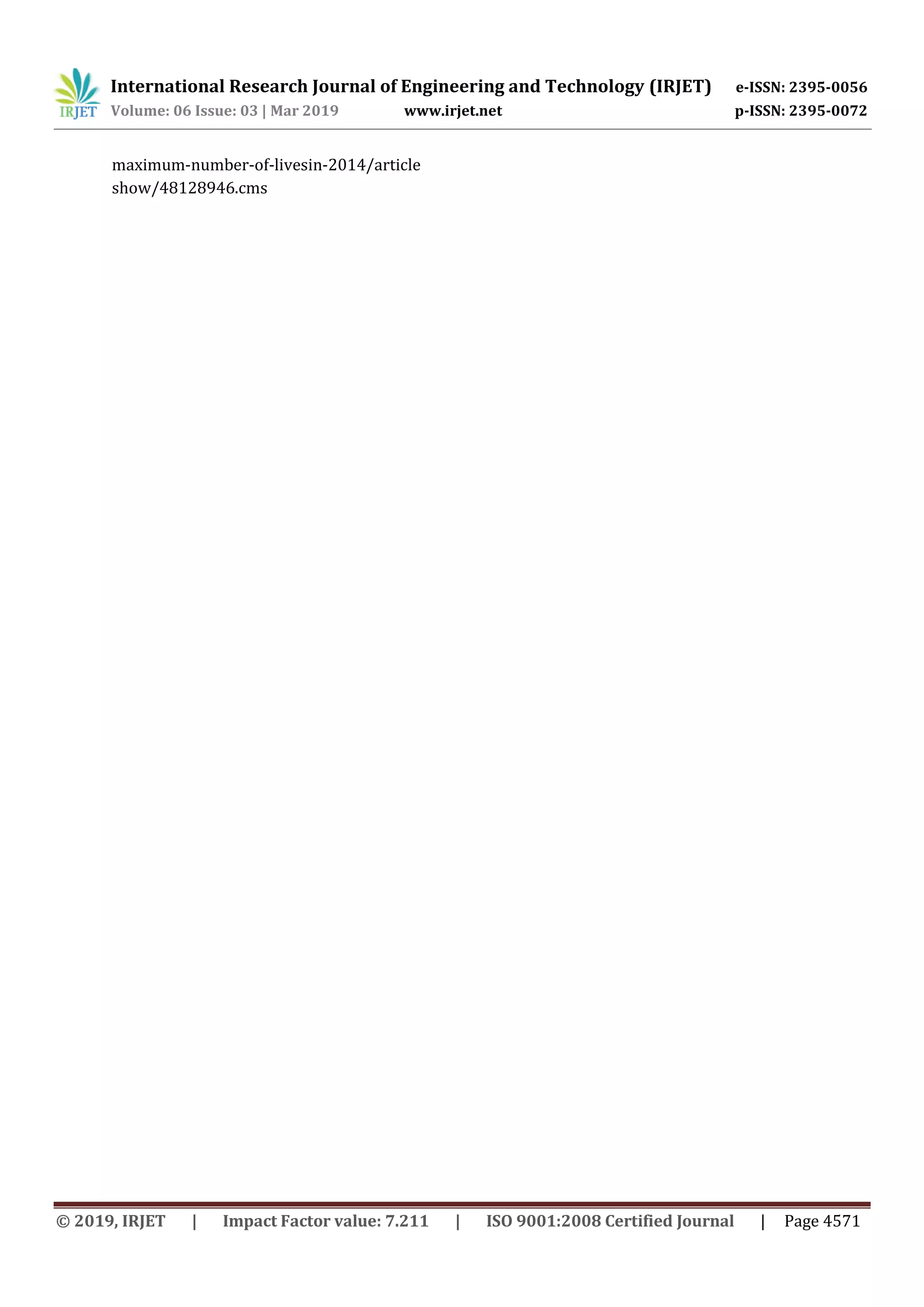 International Research Journal of Engineering and Technology (IRJET) e-ISSN: 2395-0056
Volume: 06 Issue: 03 | Mar 2019 www.irjet.net p-ISSN: 2395-0072
© 2019, IRJET | Impact Factor value: 7.211 | ISO 9001:2008 Certified Journal | Page 4571
maximum-number-of-livesin-2014/article
show/48128946.cms
 