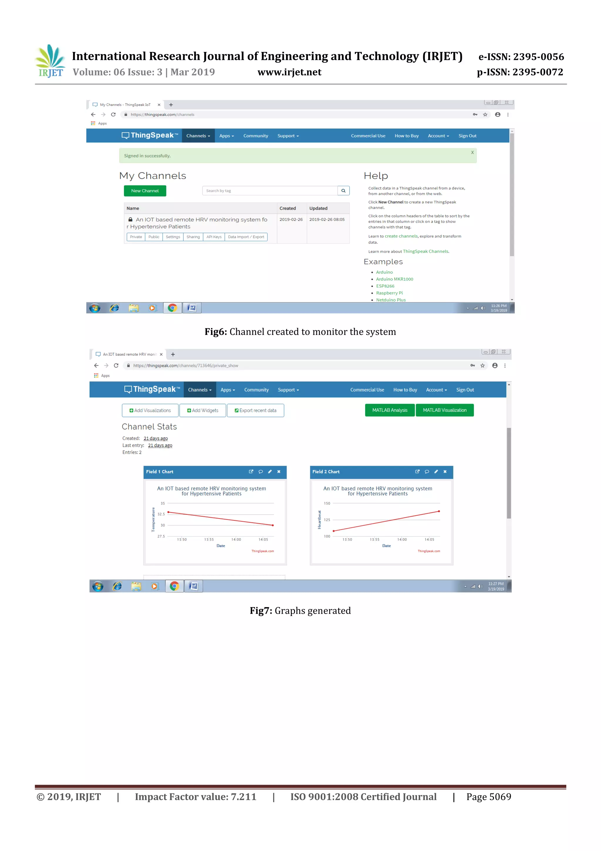 International Research Journal of Engineering and Technology (IRJET) e-ISSN: 2395-0056
Volume: 06 Issue: 3 | Mar 2019 www.irjet.net p-ISSN: 2395-0072
© 2019, IRJET | Impact Factor value: 7.211 | ISO 9001:2008 Certified Journal | Page 5069
Fig6: Channel created to monitor the system
Fig7: Graphs generated
 