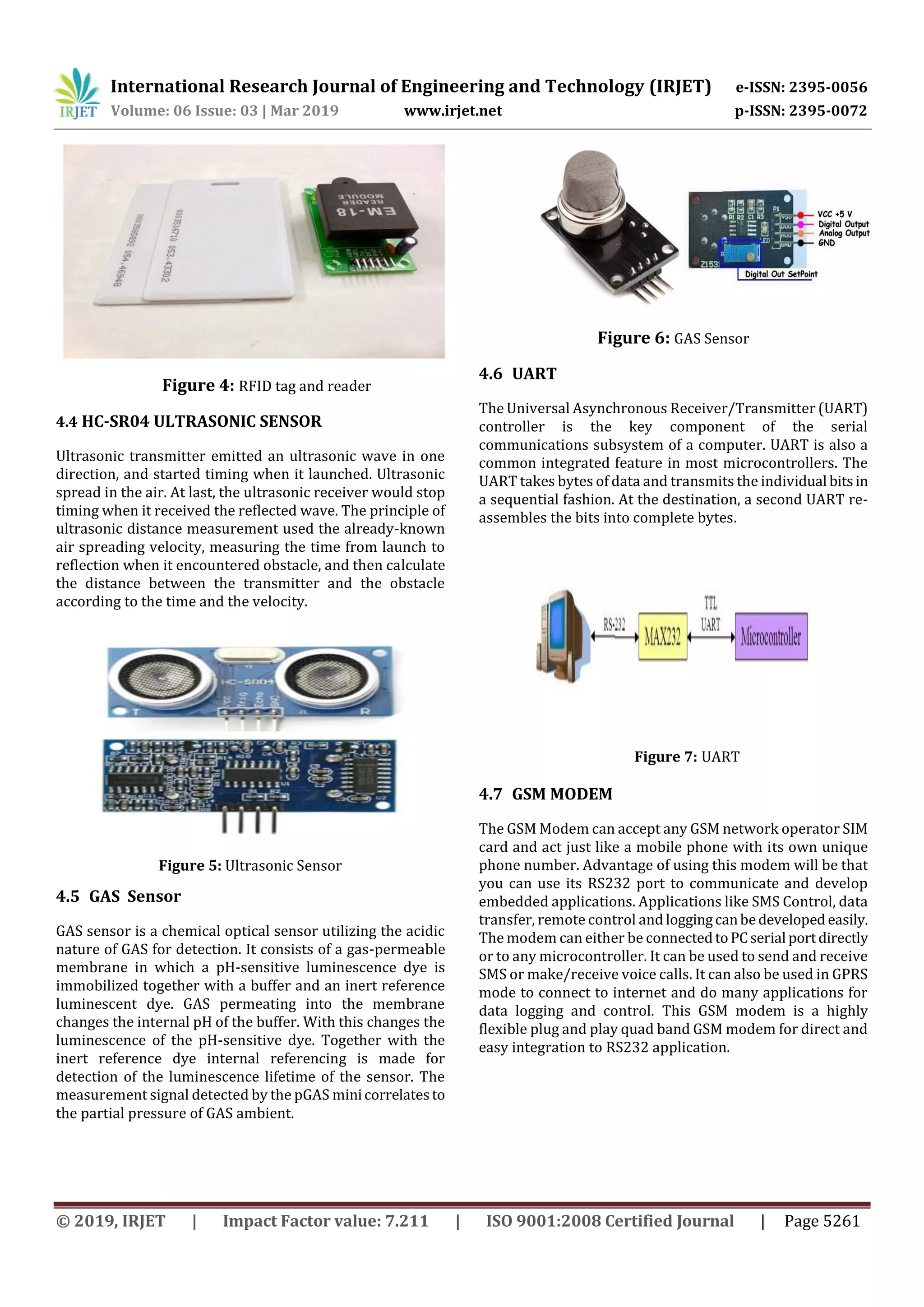 International Research Journal of Engineering and Technology (IRJET) e-ISSN: 2395-0056
Volume: 06 Issue: 03 | Mar 2019 www.irjet.net p-ISSN: 2395-0072
© 2019, IRJET | Impact Factor value: 7.211 | ISO 9001:2008 Certified Journal | Page 5261
Figure 4: RFID tag and reader
4.4 HC-SR04 ULTRASONIC SENSOR
Ultrasonic transmitter emitted an ultrasonic wave in one
direction, and started timing when it launched. Ultrasonic
spread in the air. At last, the ultrasonic receiver would stop
timing when it received the reflected wave. The principle of
ultrasonic distance measurement used the already-known
air spreading velocity, measuring the time from launch to
reflection when it encountered obstacle, and then calculate
the distance between the transmitter and the obstacle
according to the time and the velocity.
Figure 5: Ultrasonic Sensor
4.5 GAS Sensor
GAS sensor is a chemical optical sensor utilizing the acidic
nature of GAS for detection. It consists of a gas-permeable
membrane in which a pH-sensitive luminescence dye is
immobilized together with a buffer and an inert reference
luminescent dye. GAS permeating into the membrane
changes the internal pH of the buffer. With this changes the
luminescence of the pH-sensitive dye. Together with the
inert reference dye internal referencing is made for
detection of the luminescence lifetime of the sensor. The
measurement signal detected by the pGAS minicorrelatesto
the partial pressure of GAS ambient.
Figure 6: GAS Sensor
4.6 UART
The Universal Asynchronous Receiver/Transmitter (UART)
controller is the key component of the serial
communications subsystem of a computer. UART is also a
common integrated feature in most microcontrollers. The
UART takes bytes of data and transmits the individual bitsin
a sequential fashion. At the destination, a second UART re-
assembles the bits into complete bytes.
Figure 7: UART
4.7 GSM MODEM
The GSM Modem can accept any GSM network operator SIM
card and act just like a mobile phone with its own unique
phone number. Advantage of using this modem will be that
you can use its RS232 port to communicate and develop
embedded applications. Applications like SMS Control, data
transfer, remote control and loggingcanbedeveloped easily.
The modem can either be connectedtoPCserial portdirectly
or to any microcontroller. It can be used to send and receive
SMS or make/receive voice calls. It can also be used in GPRS
mode to connect to internet and do many applications for
data logging and control. This GSM modem is a highly
flexible plug and play quad band GSM modem for direct and
easy integration to RS232 application.
 