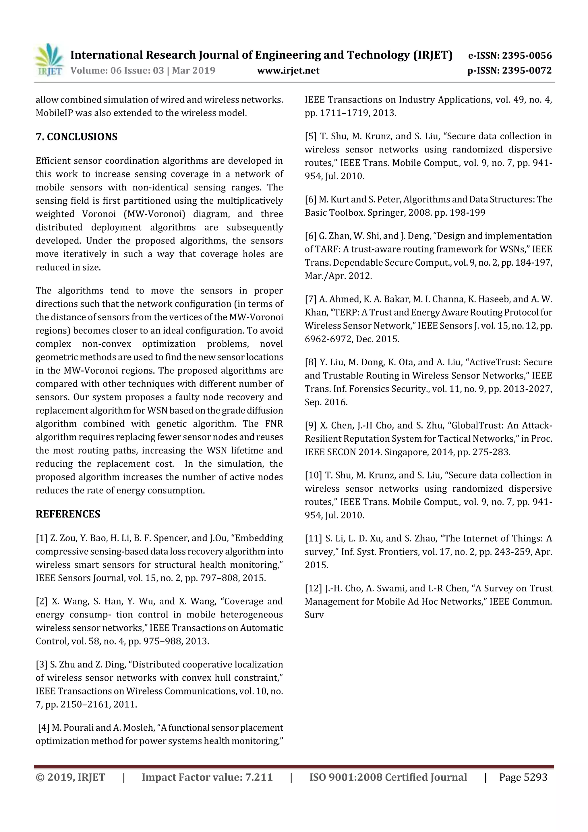 International Research Journal of Engineering and Technology (IRJET) e-ISSN: 2395-0056 Volume: 06 Issue: 03 | Mar 2019 www.irjet.net p-ISSN: 2395-0072 © 2019, IRJET | Impact Factor value: 7.211 | ISO 9001:2008 Certified Journal | Page 5293 allow combined simulation of wired and wireless networks. MobileIP was also extended to the wireless model. 7. CONCLUSIONS Efficient sensor coordination algorithms are developed in this work to increase sensing coverage in a network of mobile sensors with non-identical sensing ranges. The sensing field is first partitioned using the multiplicatively weighted Voronoi (MW-Voronoi) diagram, and three distributed deployment algorithms are subsequently developed. Under the proposed algorithms, the sensors move iteratively in such a way that coverage holes are reduced in size. The algorithms tend to move the sensors in proper directions such that the network configuration (in terms of the distance of sensors from the vertices of the MW-Voronoi regions) becomes closer to an ideal configuration. To avoid complex non-convex optimization problems, novel geometric methods are used to findthenewsensorlocations in the MW-Voronoi regions. The proposed algorithms are compared with other techniques with different number of sensors. Our system proposes a faulty node recovery and replacement algorithm for WSN basedonthegradediffusion algorithm combined with genetic algorithm. The FNR algorithm requires replacing fewer sensor nodesandreuses the most routing paths, increasing the WSN lifetime and reducing the replacement cost. In the simulation, the proposed algorithm increases the number of active nodes reduces the rate of energy consumption. REFERENCES [1] Z. Zou, Y. Bao, H. Li, B. F. Spencer, and J.Ou, “Embedding compressive sensing-based data lossrecoveryalgorithminto wireless smart sensors for structural health monitoring,” IEEE Sensors Journal, vol. 15, no. 2, pp. 797–808, 2015. [2] X. Wang, S. Han, Y. Wu, and X. Wang, “Coverage and energy consump- tion control in mobile heterogeneous wireless sensor networks,” IEEE Transactions on Automatic Control, vol. 58, no. 4, pp. 975–988, 2013. [3] S. Zhu and Z. Ding, “Distributed cooperative localization of wireless sensor networks with convex hull constraint,” IEEE Transactions on Wireless Communications, vol. 10, no. 7, pp. 2150–2161, 2011. [4] M. Pourali and A. Mosleh, “Afunctional sensorplacement optimization method for power systems healthmonitoring,” IEEE Transactions on Industry Applications, vol. 49, no. 4, pp. 1711–1719, 2013. [5] T. Shu, M. Krunz, and S. Liu, “Secure data collection in wireless sensor networks using randomized dispersive routes,” IEEE Trans. Mobile Comput., vol. 9, no. 7, pp. 941- 954, Jul. 2010. [6] M. Kurt and S. Peter, Algorithms andData Structures:The Basic Toolbox. Springer, 2008. pp. 198-199 [6] G. Zhan, W. Shi, and J. Deng, “Design and implementation of TARF: A trust-aware routing framework for WSNs,” IEEE Trans. Dependable Secure Comput.,vol.9,no.2, pp.184-197, Mar./Apr. 2012. [7] A. Ahmed, K. A. Bakar, M. I. Channa, K. Haseeb, and A. W. Khan, “TERP: A Trust andEnergyAwareRoutingProtocol for Wireless Sensor Network,” IEEE Sensors J. vol. 15,no.12, pp. 6962-6972, Dec. 2015. [8] Y. Liu, M. Dong, K. Ota, and A. Liu, “ActiveTrust: Secure and Trustable Routing in Wireless Sensor Networks,” IEEE Trans. Inf. Forensics Security., vol. 11, no. 9, pp. 2013-2027, Sep. 2016. [9] X. Chen, J.-H Cho, and S. Zhu, “GlobalTrust: An Attack- Resilient Reputation System for Tactical Networks,” in Proc. IEEE SECON 2014. Singapore, 2014, pp. 275-283. [10] T. Shu, M. Krunz, and S. Liu, “Secure data collection in wireless sensor networks using randomized dispersive routes,” IEEE Trans. Mobile Comput., vol. 9, no. 7, pp. 941- 954, Jul. 2010. [11] S. Li, L. D. Xu, and S. Zhao, “The Internet of Things: A survey,” Inf. Syst. Frontiers, vol. 17, no. 2, pp. 243-259, Apr. 2015. [12] J.-H. Cho, A. Swami, and I.-R Chen, “A Survey on Trust Management for Mobile Ad Hoc Networks,” IEEE Commun. Surv 