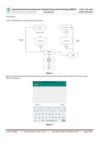 International Research Journal of Engineering and Technology (IRJET) e-ISSN: 2395-0056
Volume: 06 Issue: 03 | Mar 2019 www.irjet.net p-ISSN: 2395-0072
© 2019, IRJET | Impact Factor value: 7.211 | ISO 9001:2008 Certified Journal | Page 5344
• Text Notices
• PDF / HTML Notices can be displayed in the systems
Figure 1
Figure 2 as shown blow gives the detail idea about idea of the end user interface of the Chatbot. The chatbot reply is
show in the figure 2.
Figure 2
 