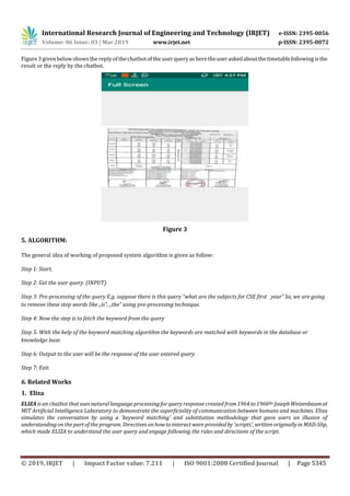 International Research Journal of Engineering and Technology (IRJET) e-ISSN: 2395-0056
Volume: 06 Issue: 03 | Mar 2019 www.irjet.net p-ISSN: 2395-0072
© 2019, IRJET | Impact Factor value: 7.211 | ISO 9001:2008 Certified Journal | Page 5345
Figure3 given below shows the reply of the chatbot of the user query as here theuseraskedaboutthetimetablefollowingisthe
result or the reply by the chatbot.
Figure 3
5. ALGORITHM:
The general idea of working of proposed system algorithm is given as follow:
Step 1: Start.
Step 2: Get the user query. (INPUT)
Step 3: Pre-processing of the query E.g. suppose there is this query “what are the subjects for CSE first year” So, we are going
to remove these stop words like „is‟, „the‟ using pre-processing technique.
Step 4: Now the step is to fetch the keyword from the query
Step 5: With the help of the keyword matching algorithm the keywords are matched with keywords in the database or
knowledge base.
Step 6: Output to the user will be the response of the user entered query.
Step 7: Exit.
6. Related Works
1. Eliza
ELIZA is an chatbot that uses natural language processing for query response created from 1964 to1966[by JosephWeizenbaumat
MIT Artificial Intelligence Laboratory to demonstrate the superficiality of communication between humans and machines. Eliza
simulates the conversation by using a 'keyword matching' and substitution methodology that gave users an illusion of
understanding on the part of the program. Directives on how to interact were provided by 'scripts', written originally in MAD-Slip,
which made ELIZA to understand the user query and engage following the rules and directions of the script.
 
