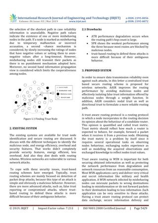 International Research Journal of Engineering and Technology (IRJET) e-ISSN: 2395-0056
Volume: 06 Issue: 03 | Mar 2019 www.irjet.net p-ISSN: 2395-0072
© 2019, IRJET | Impact Factor value: 7.211 | ISO 9001:2008 Certified Journal | Page 5429
the selection of the shortest path in case reliability
information is unavailable. Negative path values
indicate the existence of one or more misbehaving
nodes in the path. If a node is marked as misbehaving
due to temporary malfunction or incorrect
accusation, a second –chance mechanism is
considered, by slowly increasing the ratings of nodes
that have negative values or setting them to anon-
negative values after a long-timeout. However,
misbehaving nodes still transmit their packets as
there is no punishment mechanism adopted here.
Moreover, no second hand information propagation
view is considered which limits the cooperativeness
among nodes.
Figure 1.1 Finding Trust Node
2. EXISTING SYSTEM
The existing systems are available for trust node
identification and secure routing are discussed. It
discuss with the different techniques to identify the
malicious node, and energy efficiency, overhead and
security features. That works didn’t completely
provide security features, energy efficient, less
overhead. And also they dint deals with routing
scheme. Wireless networks are vulnerable to various
network attacks.
To cope with these security issues, trust-based
routing schemes have emerged. Typically, trust
routing schemes are mainly focused on detection of
packet drop attacks, because this type of an attack is
simple and obviously a malicious behavior. However,
there are more advanced attacks, such as, false trust
reporting or compromised attacks, where trust-
based routing to defend these attacks is more
difficult because of their ambiguous behavior.
2.1 Drawbacks
 ATR performance degradation occurs when
the routing path’s hop count is large.
 SPR shows the weakest performance among
the three because most routes are blocked by
malicious nodes.
 trust-based routing to defend these attacks is
more difficult because of their ambiguous
behavior.
3. PROPOSED SYSTEM
In order to ensure data transmission reliability even
against such attacks, in this letter a centralized trust
based secure routing scheme is proposed for
wireless networks. AASR improves the routing
performance by avoiding malicious nodes and
effectively isolating false trust information offered by
malicious nodes through a weight function. In
addition, AASR considers nodal trust as well as
directional trust to formulate a more reliable routing
path.
A trust aware routing protocol is a routing protocol
in which a node incorporates in the routing decision
its opinion about the behaviour of a candidate router.
This opinion is quantified and called trust metric.
Trust metric should reflect how much a router is
expected to behave, for example, forward a packet
when it receives it from a previous node. Obtaining
the trust metric is a problem by itself since it
requires several operational tasks on observing
nodes behaviour, exchanging nodes experience as
well as modelling the acquired observations and
exchanged knowledge to reflect nodes trust values.
Trust aware routing in WSN is important for both
securing obtained information as well as protecting
the network performance from degradation and
network resources from un reasonable consumption.
Most WSN applications carry and deliver very critical
and secret information like military and health
application. A WSN network infected by misbehaving
nodes can misroute packets to wrong destinations
leading to misinformation or do not forward packets
to their destination leading to loss information .Such
application can be very sensitive to these attacks.
Having a trust aware routing protocol can protect
data exchange, secure information delivery and
 