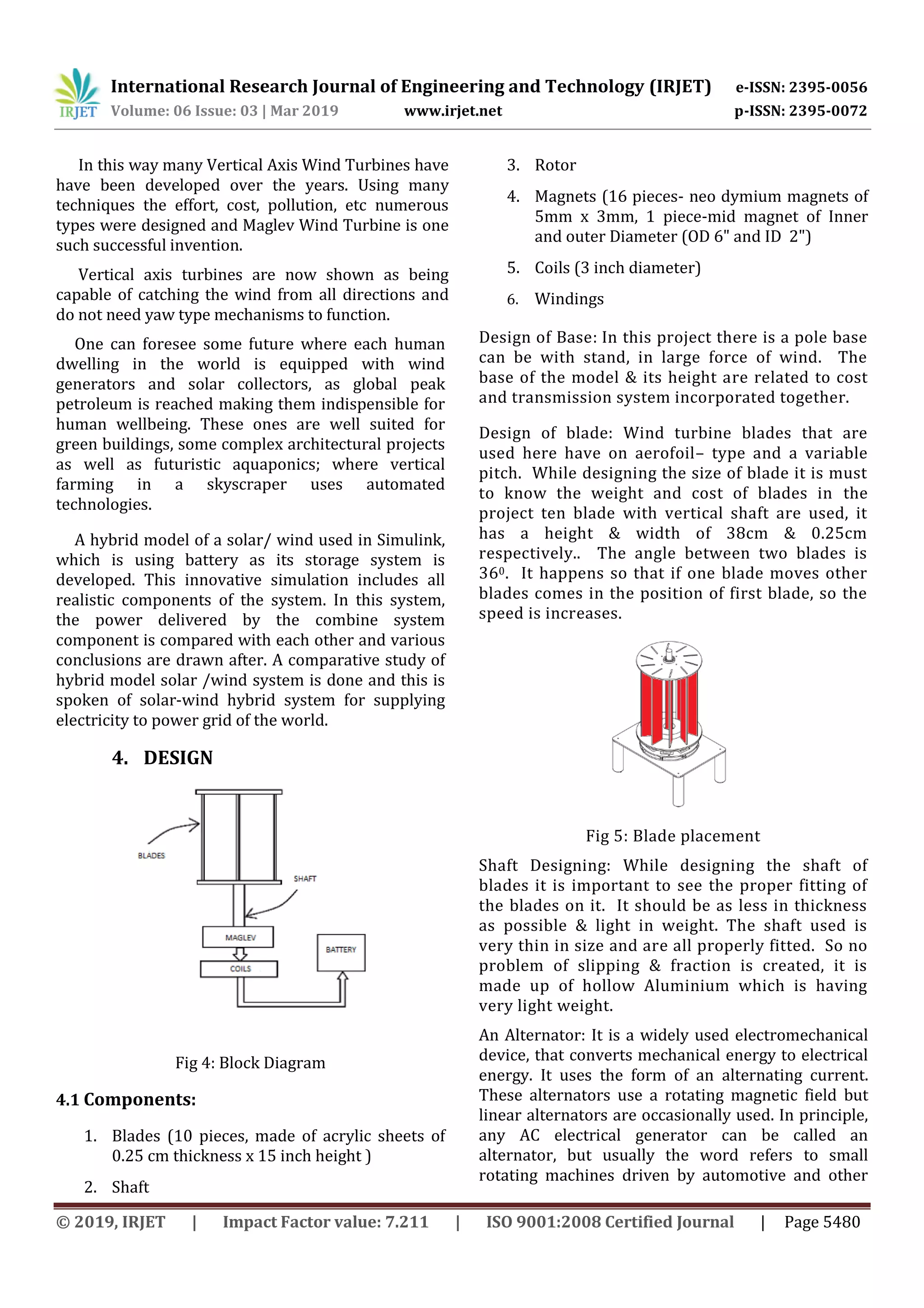 International Research Journal of Engineering and Technology (IRJET) e-ISSN: 2395-0056
Volume: 06 Issue: 03 | Mar 2019 www.irjet.net p-ISSN: 2395-0072
© 2019, IRJET | Impact Factor value: 7.211 | ISO 9001:2008 Certified Journal | Page 5480
In this way many Vertical Axis Wind Turbines have
have been developed over the years. Using many
techniques the effort, cost, pollution, etc numerous
types were designed and Maglev Wind Turbine is one
such successful invention.
Vertical axis turbines are now shown as being
capable of catching the wind from all directions and
do not need yaw type mechanisms to function.
One can foresee some future where each human
dwelling in the world is equipped with wind
generators and solar collectors, as global peak
petroleum is reached making them indispensible for
human wellbeing. These ones are well suited for
green buildings, some complex architectural projects
as well as futuristic aquaponics; where vertical
farming in a skyscraper uses automated
technologies.
A hybrid model of a solar/ wind used in Simulink,
which is using battery as its storage system is
developed. This innovative simulation includes all
realistic components of the system. In this system,
the power delivered by the combine system
component is compared with each other and various
conclusions are drawn after. A comparative study of
hybrid model solar /wind system is done and this is
spoken of solar-wind hybrid system for supplying
electricity to power grid of the world.
4. DESIGN
Fig 4: Block Diagram
4.1 Components:
1. Blades (10 pieces, made of acrylic sheets of
0.25 cm thickness x 15 inch height )
2. Shaft
3. Rotor
4. Magnets (16 pieces- neo dymium magnets of
5mm x 3mm, 1 piece-mid magnet of Inner
and outer Diameter (OD 6" and ID 2")
5. Coils (3 inch diameter)
6. Windings
Design of Base: In this project there is a pole base
can be with stand, in large force of wind. The
base of the model & its height are related to cost
and transmission system incorporated together.
Design of blade: Wind turbine blades that are
used here have on aerofoil– type and a variable
pitch. While designing the size of blade it is must
to know the weight and cost of blades in the
project ten blade with vertical shaft are used, it
has a height & width of 38cm & 0.25cm
respectively.. The angle between two blades is
360. It happens so that if one blade moves other
blades comes in the position of first blade, so the
speed is increases.
Fig 5: Blade placement
Shaft Designing: While designing the shaft of
blades it is important to see the proper fitting of
the blades on it. It should be as less in thickness
as possible & light in weight. The shaft used is
very thin in size and are all properly fitted. So no
problem of slipping & fraction is created, it is
made up of hollow Aluminium which is having
very light weight.
An Alternator: It is a widely used electromechanical
device, that converts mechanical energy to electrical
energy. It uses the form of an alternating current.
These alternators use a rotating magnetic field but
linear alternators are occasionally used. In principle,
any AC electrical generator can be called an
alternator, but usually the word refers to small
rotating machines driven by automotive and other
 
