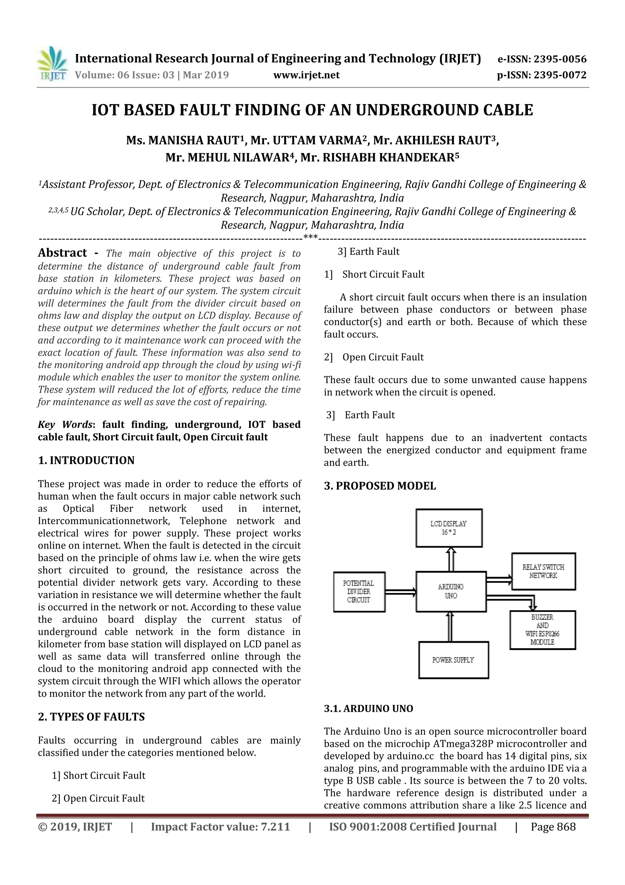 IRJET IoT based Fault Finding of an Underground Cable PDF